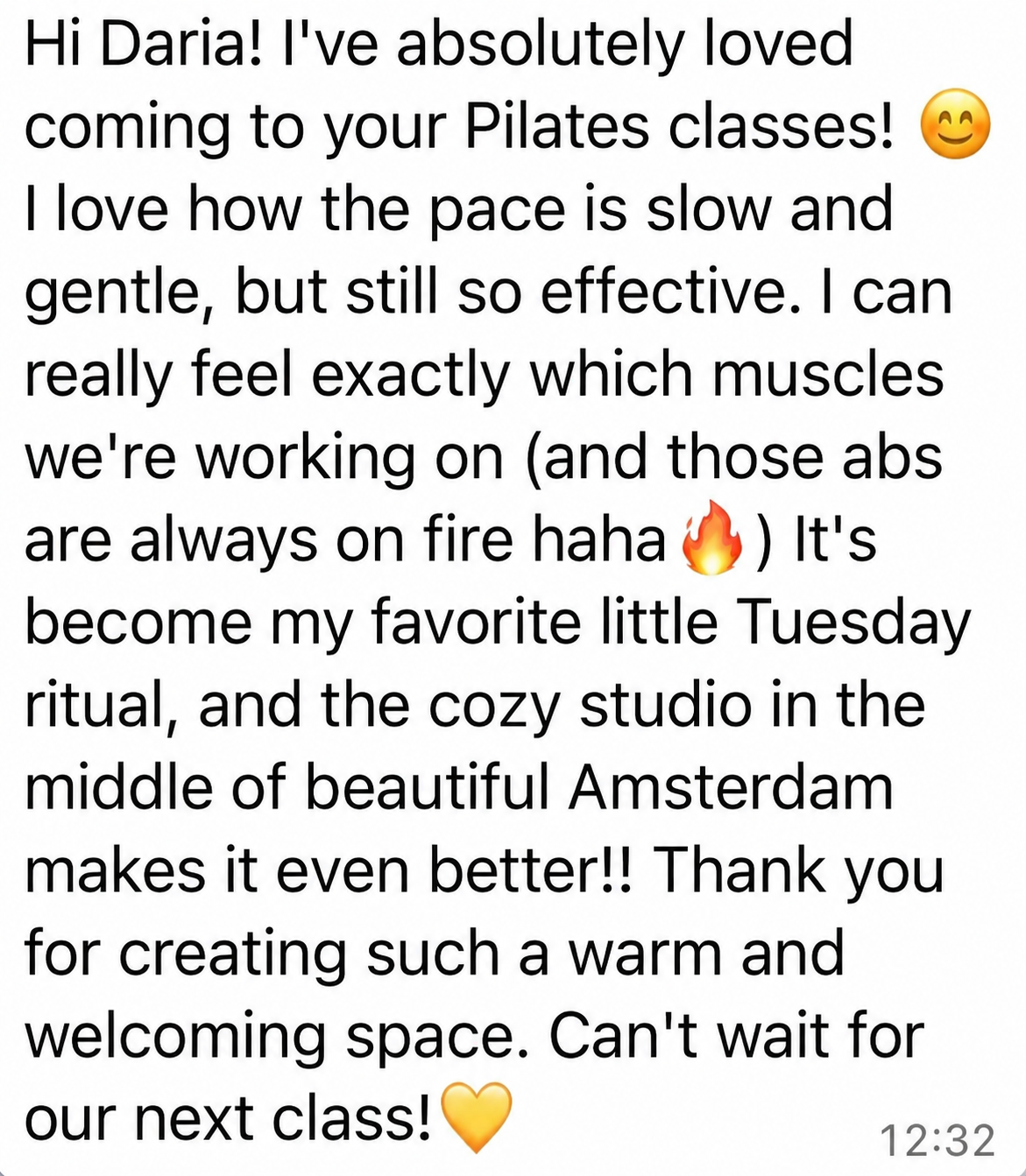 Screenshot of a positive review of a Pilates class with emojis, describing the experience and studio ambiance.
