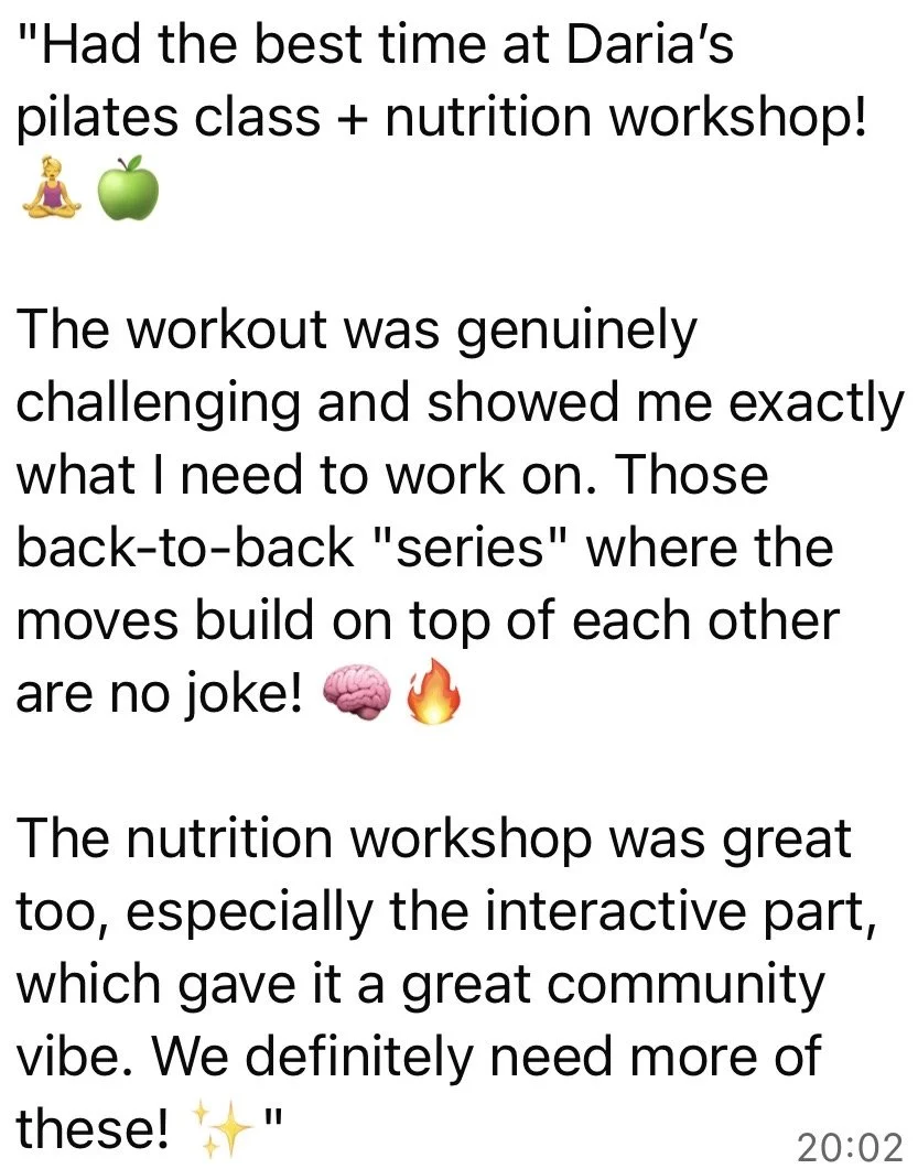 Text review of a positive testimonial about Daria's Pilates class and nutrition workshop, mentioning the challenging workout and interactive component, with emojis of a person meditating, an apple, a brain, and a fire.