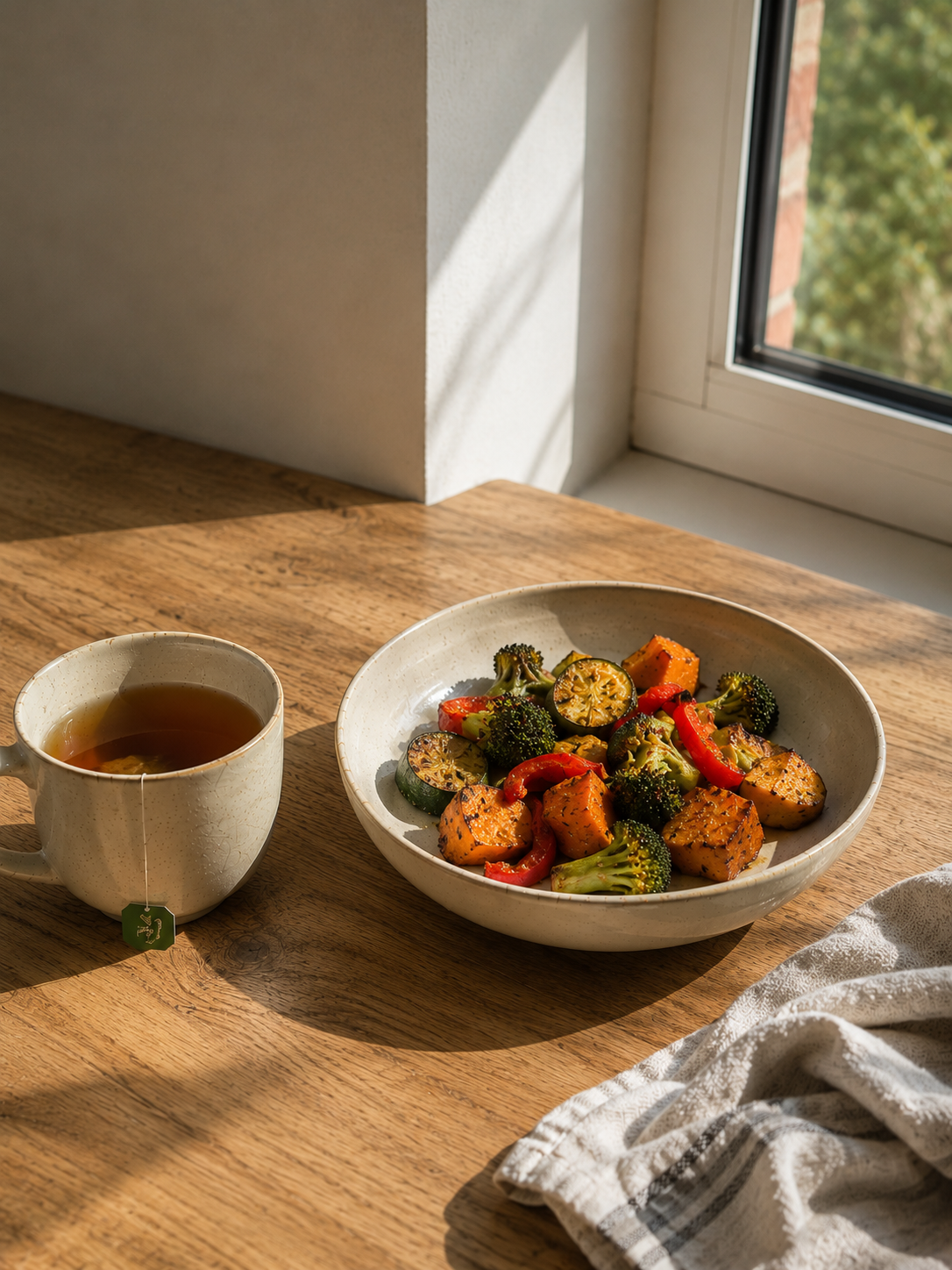 A bowl of roasted vegetables including broccoli, zucchini, red bell peppers, and sweet potatoes next to a cup of tea on a wooden table near a window.