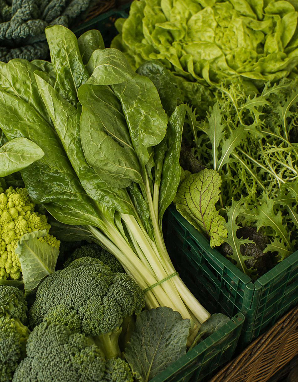 Fresh green vegetables including broccoli, baby bok choy, and various leafy greens displayed in a market produce case.