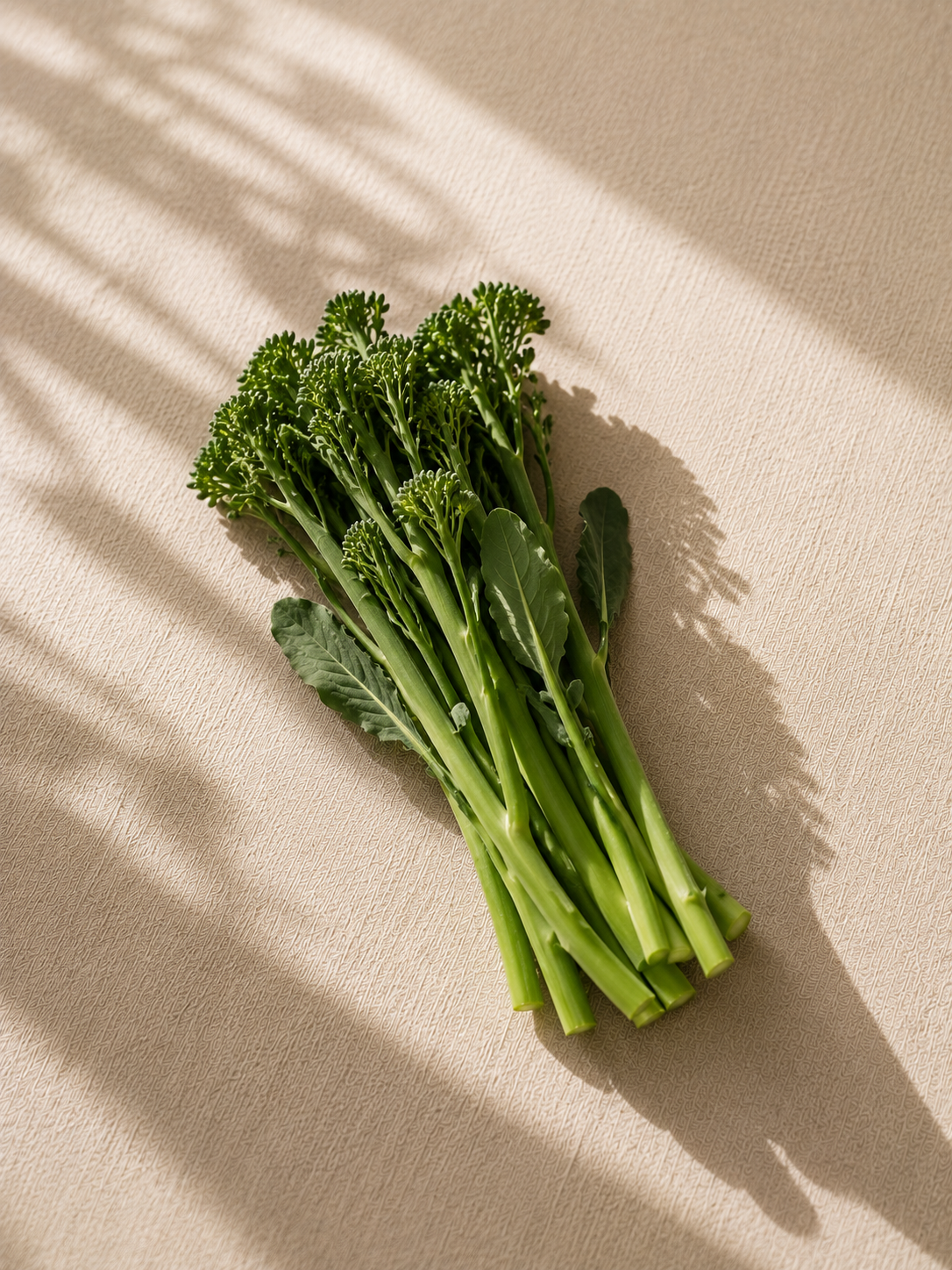 Fresh green broccoli rabe with leaves on a beige textured surface, sunlight creating shadow patterns.