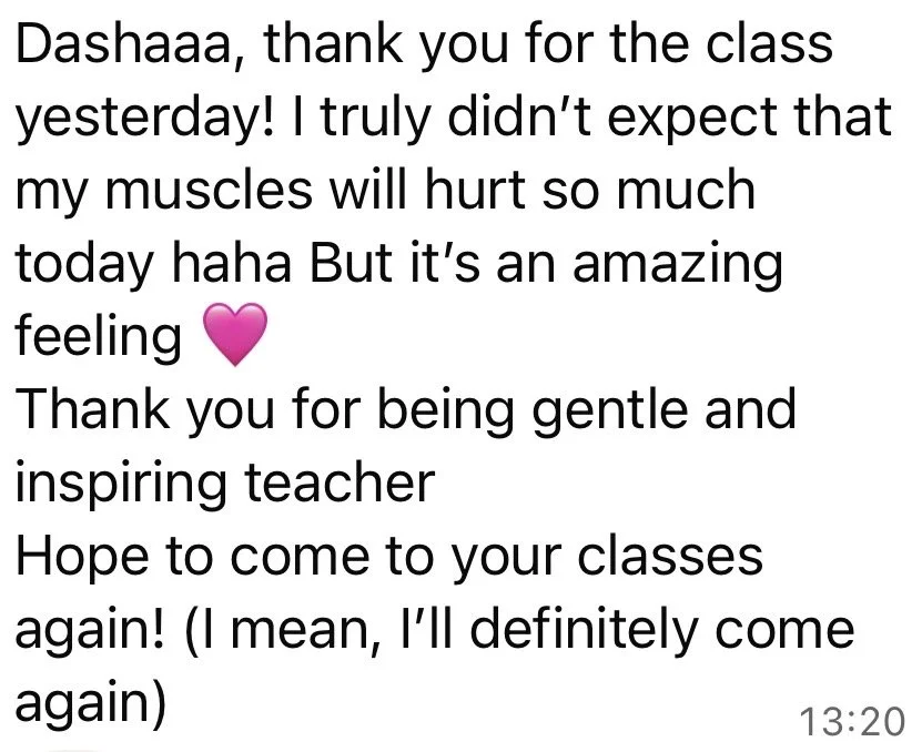 Screenshot of a message expressing gratitude for a class, mentioning muscle soreness and appreciation for a gentle and inspiring teacher, with a pink heart emoji.