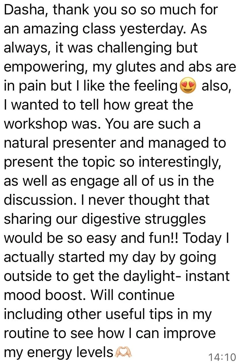 Screenshot of a text message expressing gratitude and sharing positive experiences from a workshop, mentioning challenging but empowering exercises, engagement, and plans for self-improvement.