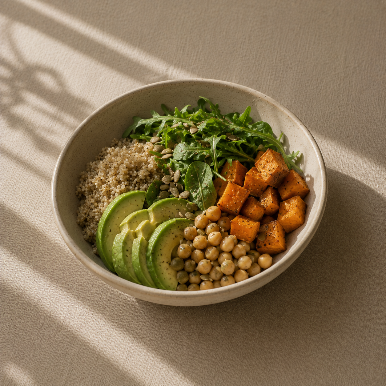Bowl containing quinoa, sliced avocado, chickpeas, leafy greens, roasted sweet potatoes, and sunflower seeds on a beige surface with sunlight.