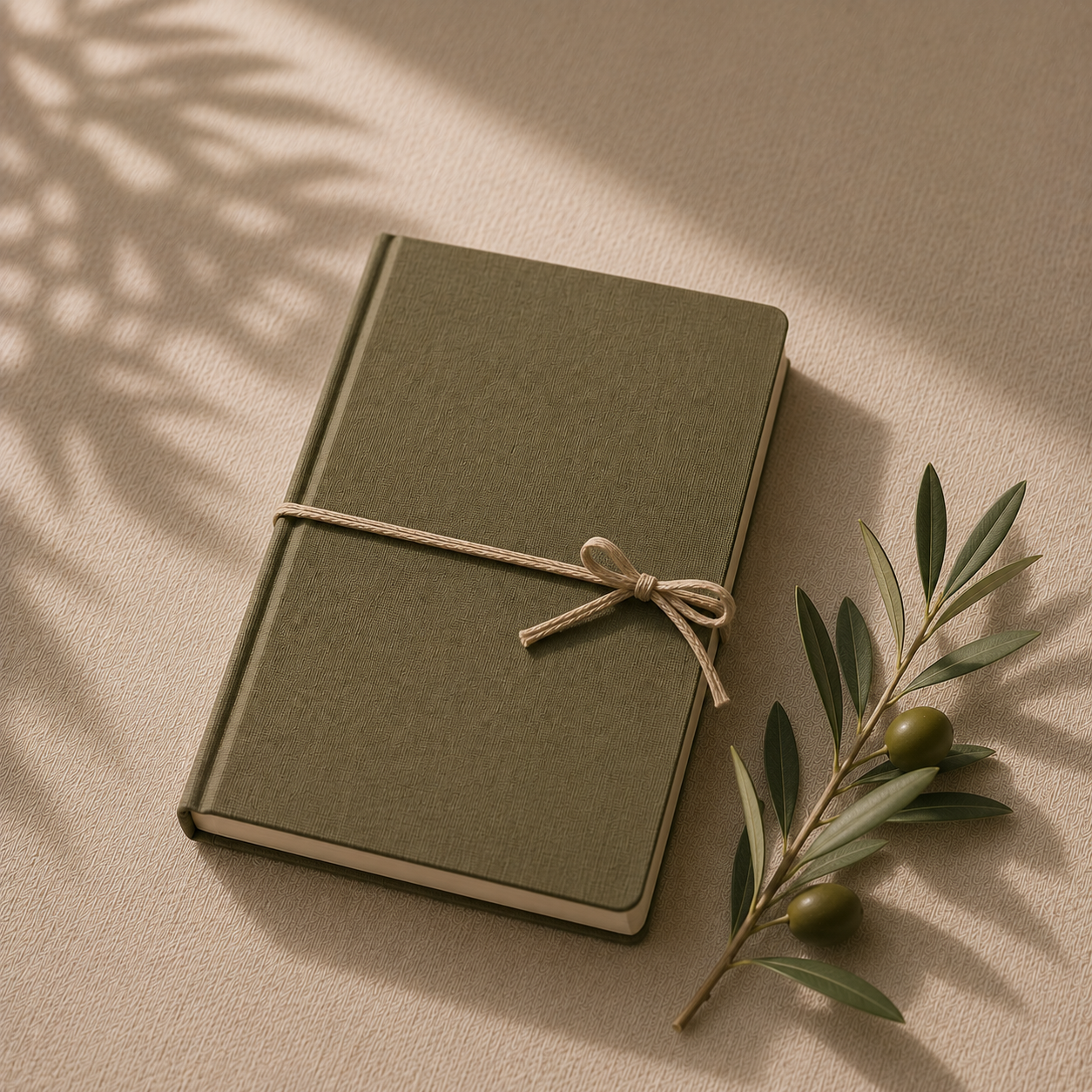 A closed green notebook tied with a beige string, resting on a beige textured surface with a sprig of olive leaves and green olives beside it. Sunlight creates shadow patterns on the surface.