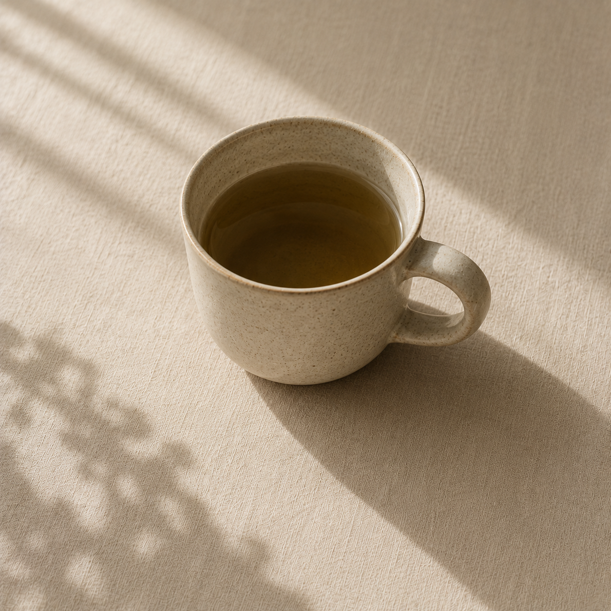 A cream-colored ceramic mug filled with black coffee on a textured beige surface with soft sunlight and shadow patterns.