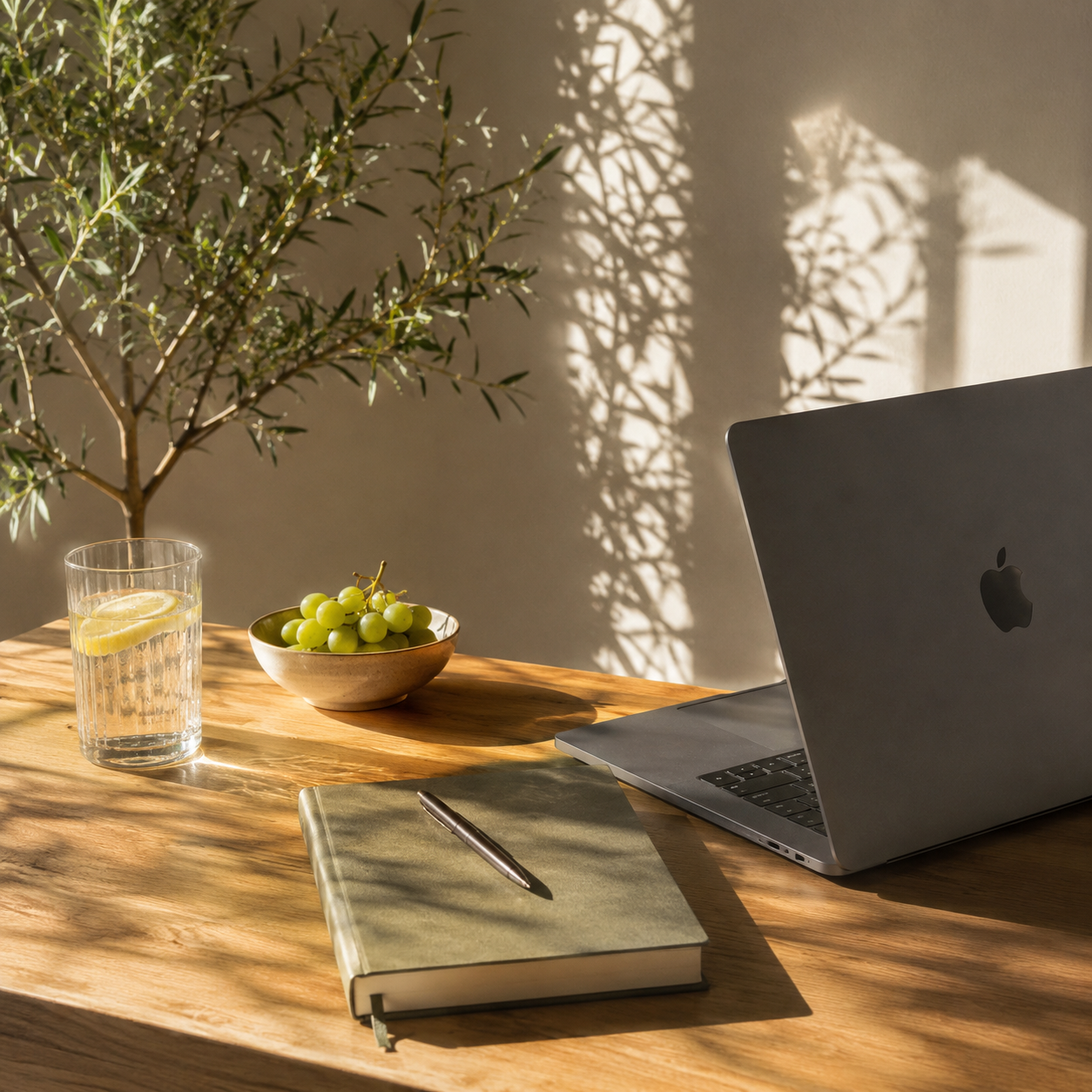 A wooden desk with a closed laptop, a notepad with a pen, a bowl of green grapes, a glass of water with lemon, and a small tree in the background with sunlight casting shadows on the wall.