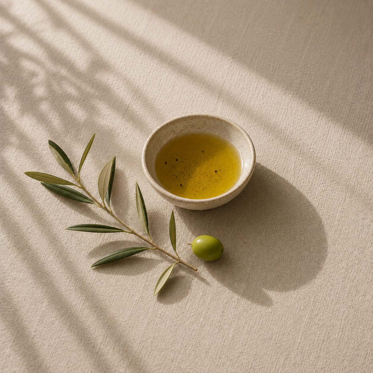 A bowl of olive oil next to an olive branch and a green olive on a textured beige surface, with striped shadows.
