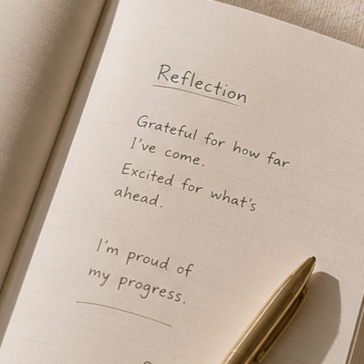 Open notebook with handwritten reflection poem and gold pen resting on it.