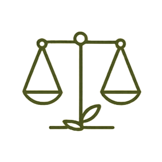 A golden scale with a leaf in the center, symbolizing balance and environmental sustainability.