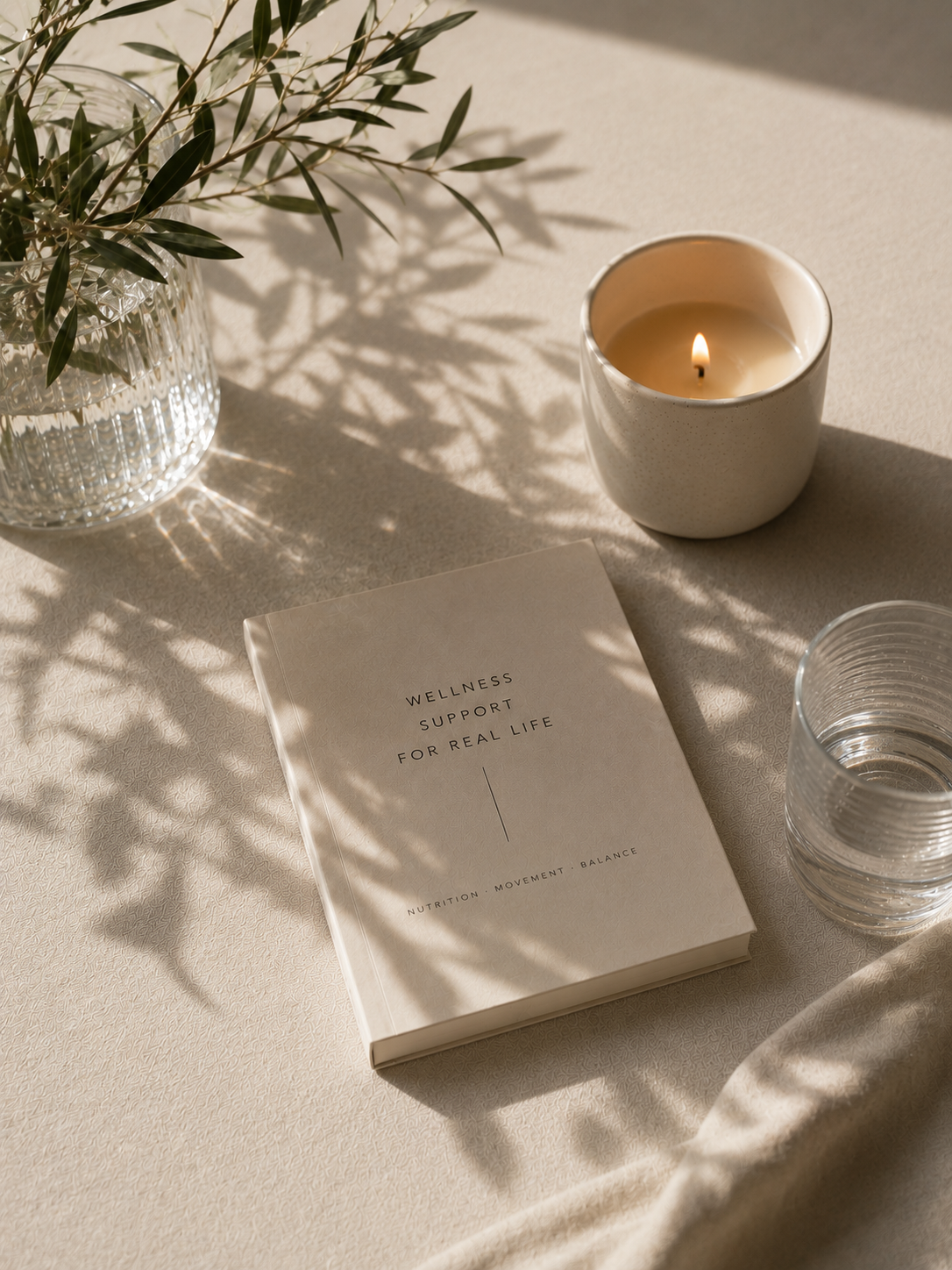 A beige table surface with a potted olive branch, a lit white candle in a ceramic holder, a closed notebook titled 'Wellness Support for Real Life,' a clear glass of water, and a glass of water casting shadows. Sunlight creates soft shadows on the table.