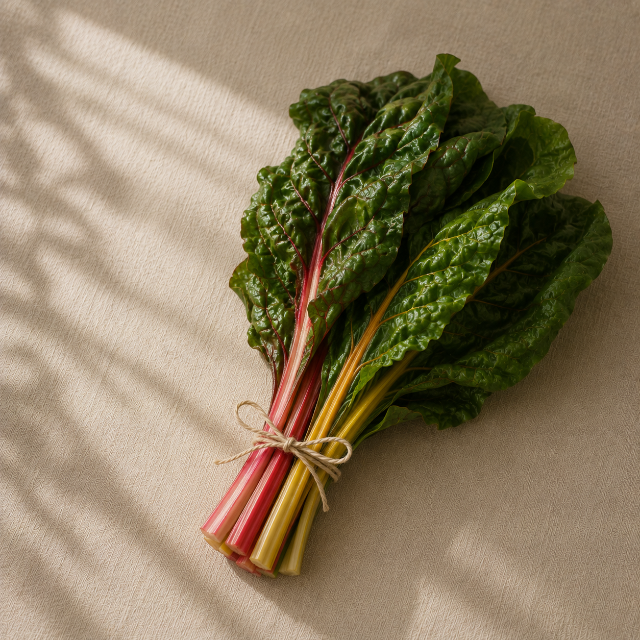 Fresh Swiss chard bundled with a string on a beige textured surface