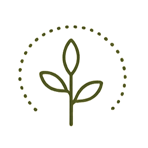 Simple line drawing of a young plant with three leaves, surrounded by a dotted circular aura.