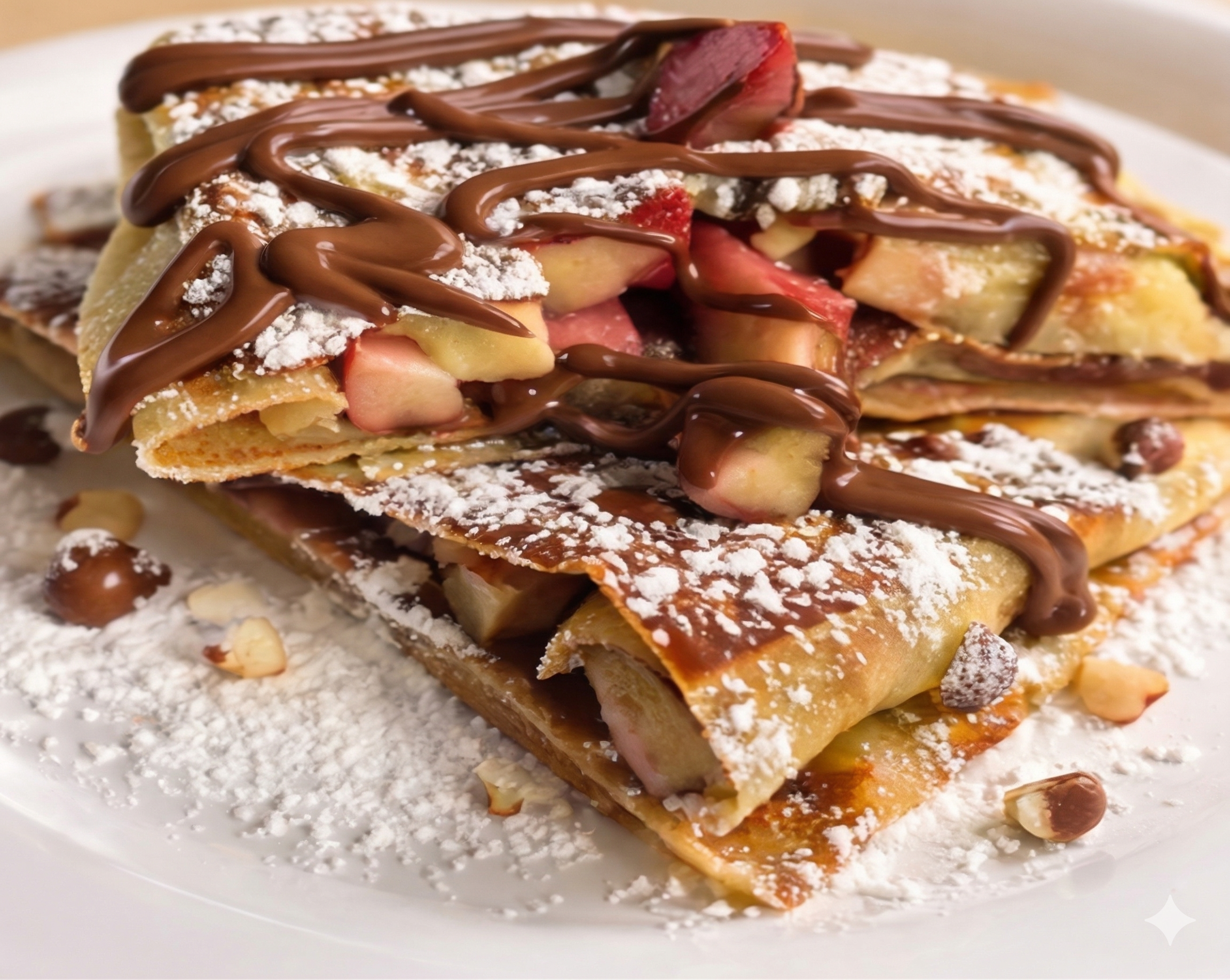 Close-up of a dessert with layered flaky pastry, topped with chocolate drizzle, powdered sugar, chopped nuts, and a few pieces of fruit on a white plate.