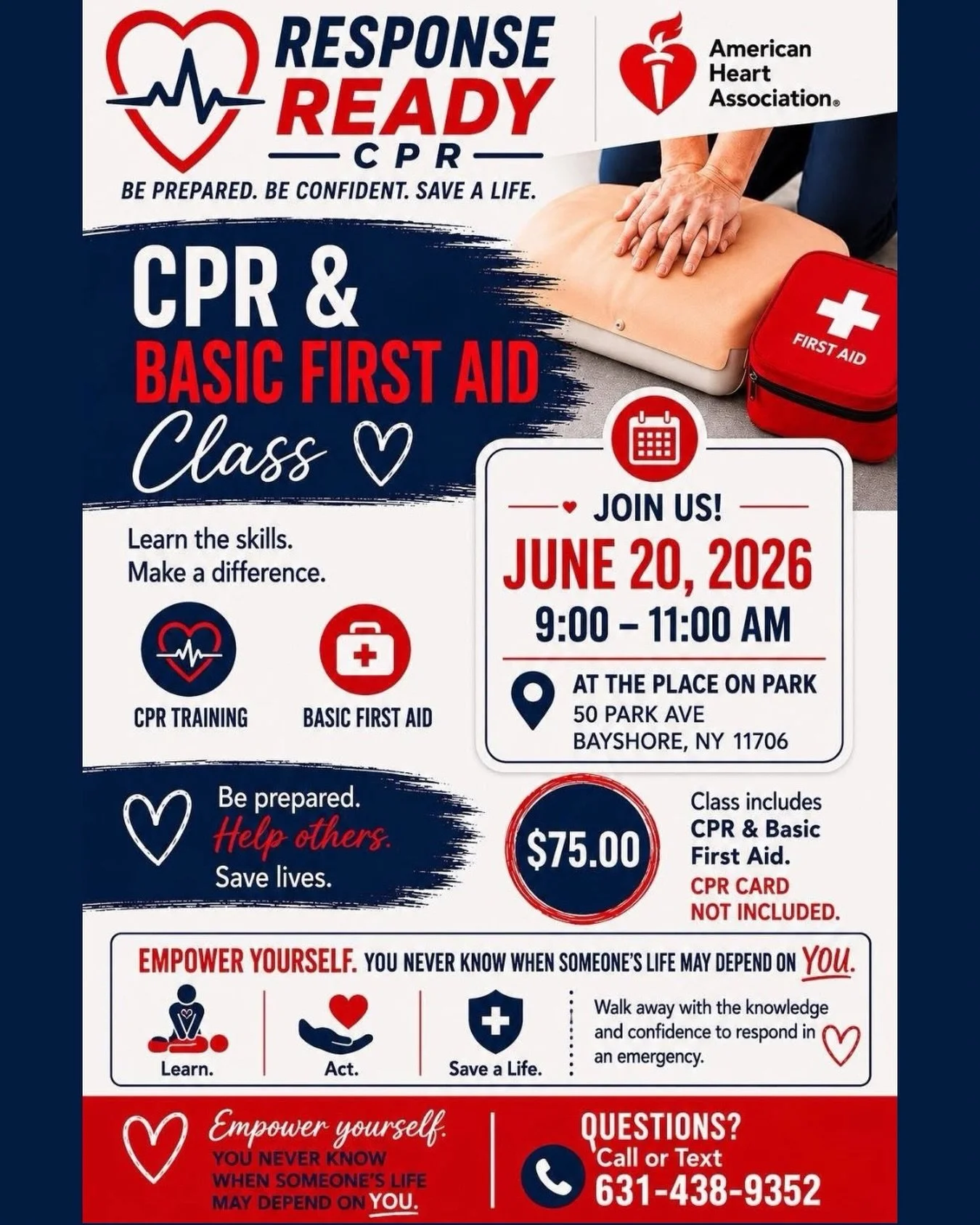 🚨 CPR &amp; BASIC FIRST AID CLASS 🚨
You never know when someone&rsquo;s life may depend on YOU. ❤️
Join us at The Place on Park for a hands-on CPR &amp; Basic First Aid class taught by Rachel from Response Ready CPR. Whether you&rsquo;re a parent, 