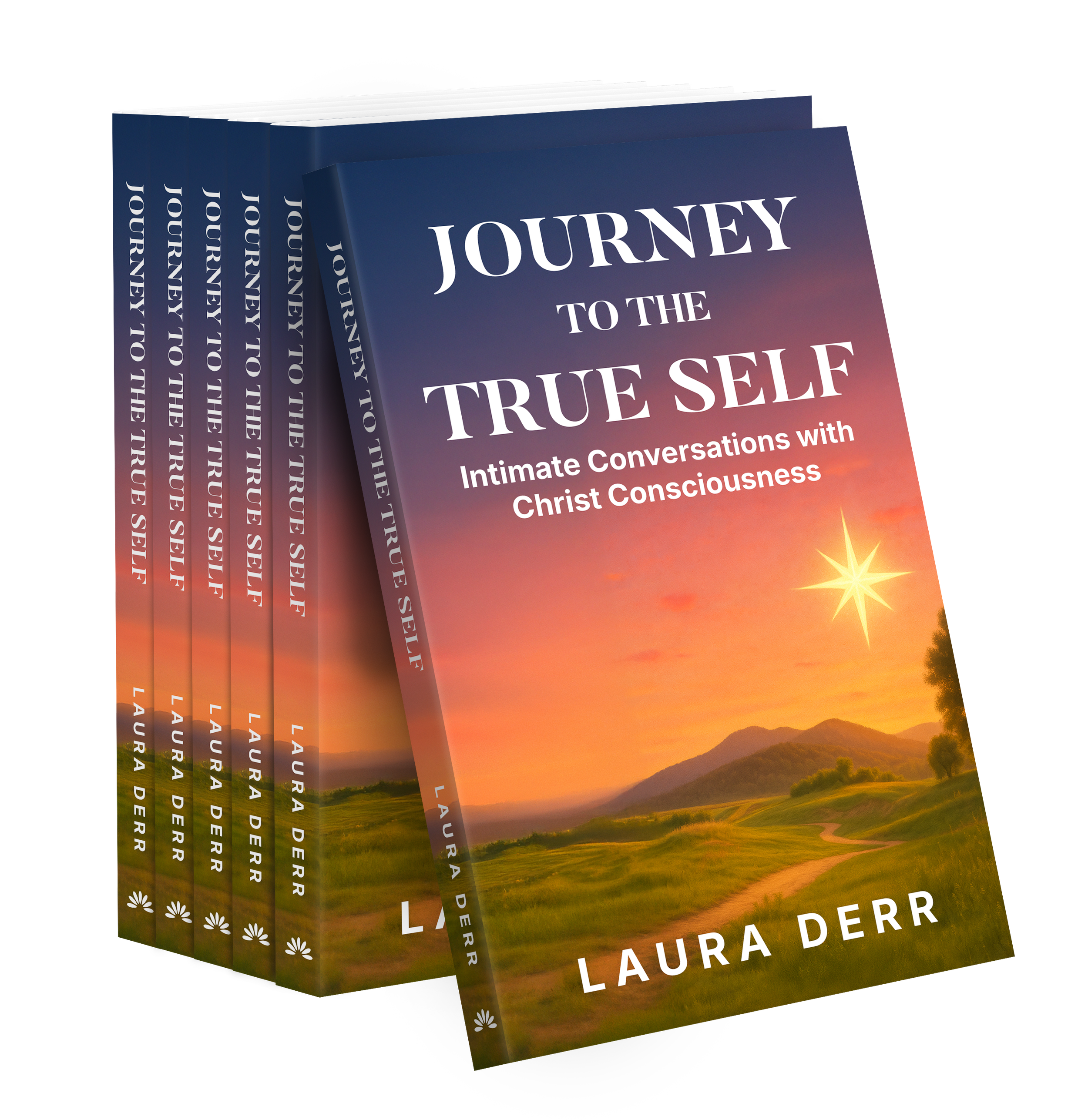 Book titled 'Journey to the True Self' by Laura Derr with a sunset landscape background and mountain silhouette.