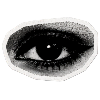 Black and white close-up image of a human eye with leather or textured makeup around it.