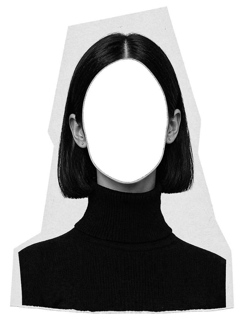 Black and white photo of a woman with shoulder-length hair wearing a black turtleneck. Her face is removed in an oval shape, for online trauma therapy in Minnesota and Oregon