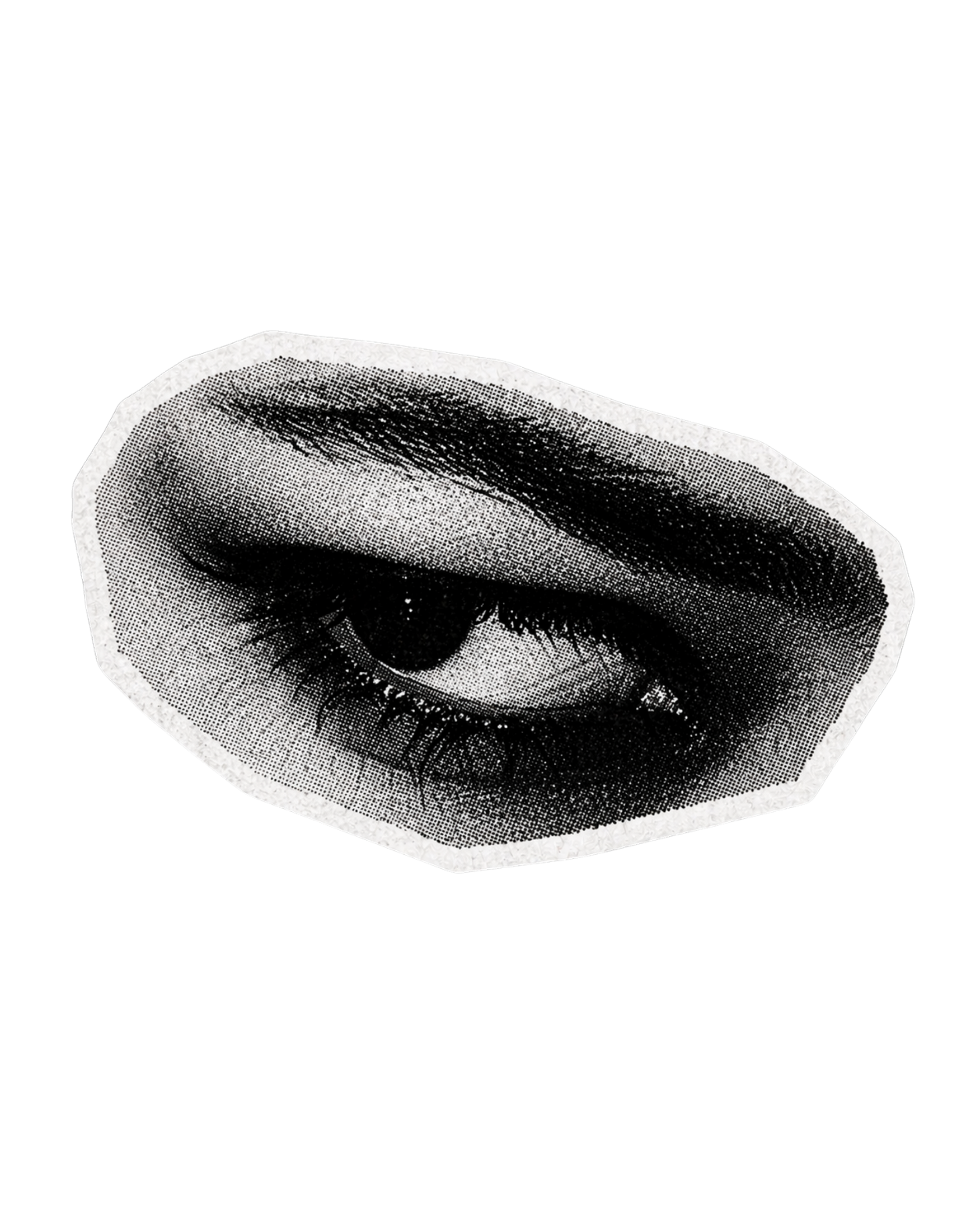 A black-and-white halftone image of a human eye within an irregular white border, set against a black background.