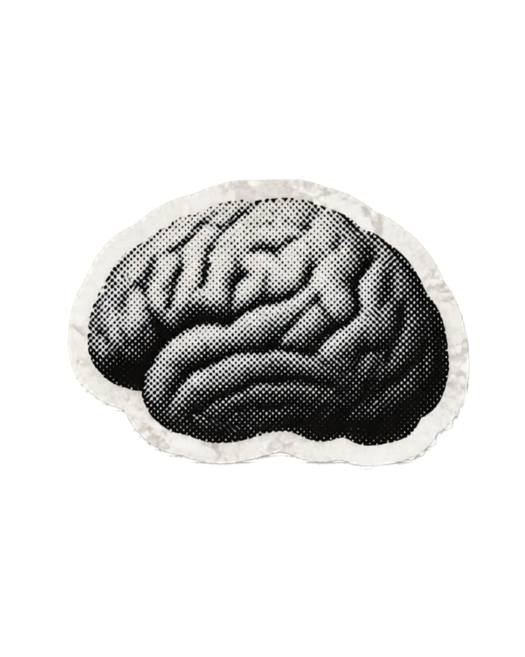 Black and white illustration of a human brain, stylized with a dotted pattern, set against a transparent background for neurodivergent affirming therapy