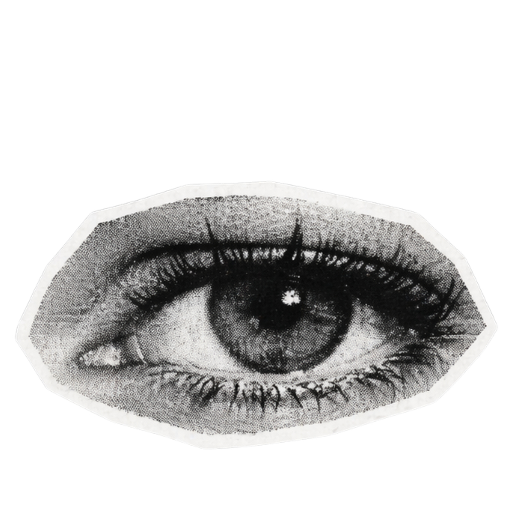 A black-and-white illustration of a human eye with the iris and pupil visible, surrounded by textured shading, displayed inside a collage-like octagonal shape for a therapist centered around identity, patterns, and healing
