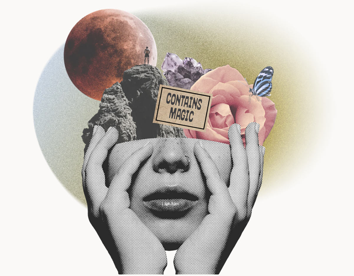 A black and white illustration of a person holding their face with both hands, revealing a colorful collage of natural elements like rocks, a pink rose, a butterfly, amethyst crystals, a moon, and a tiny person on a rock, with a sign that says "Contains Magic."
