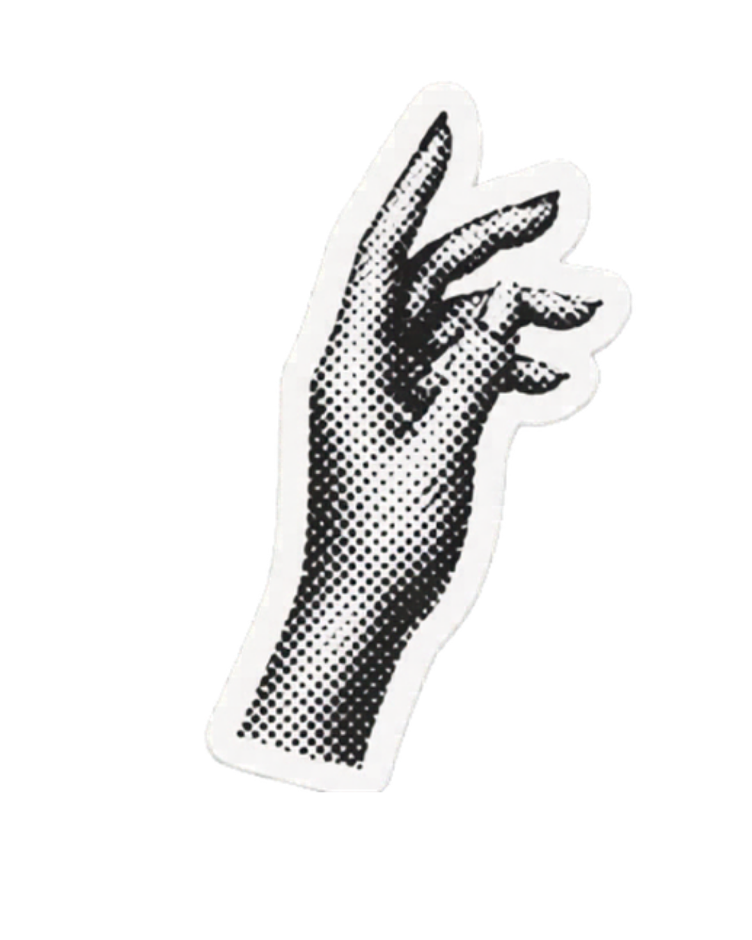 Black and white sticker of a stylized hand making a peace sign with the index and middle fingers extended and the other fingers folded.