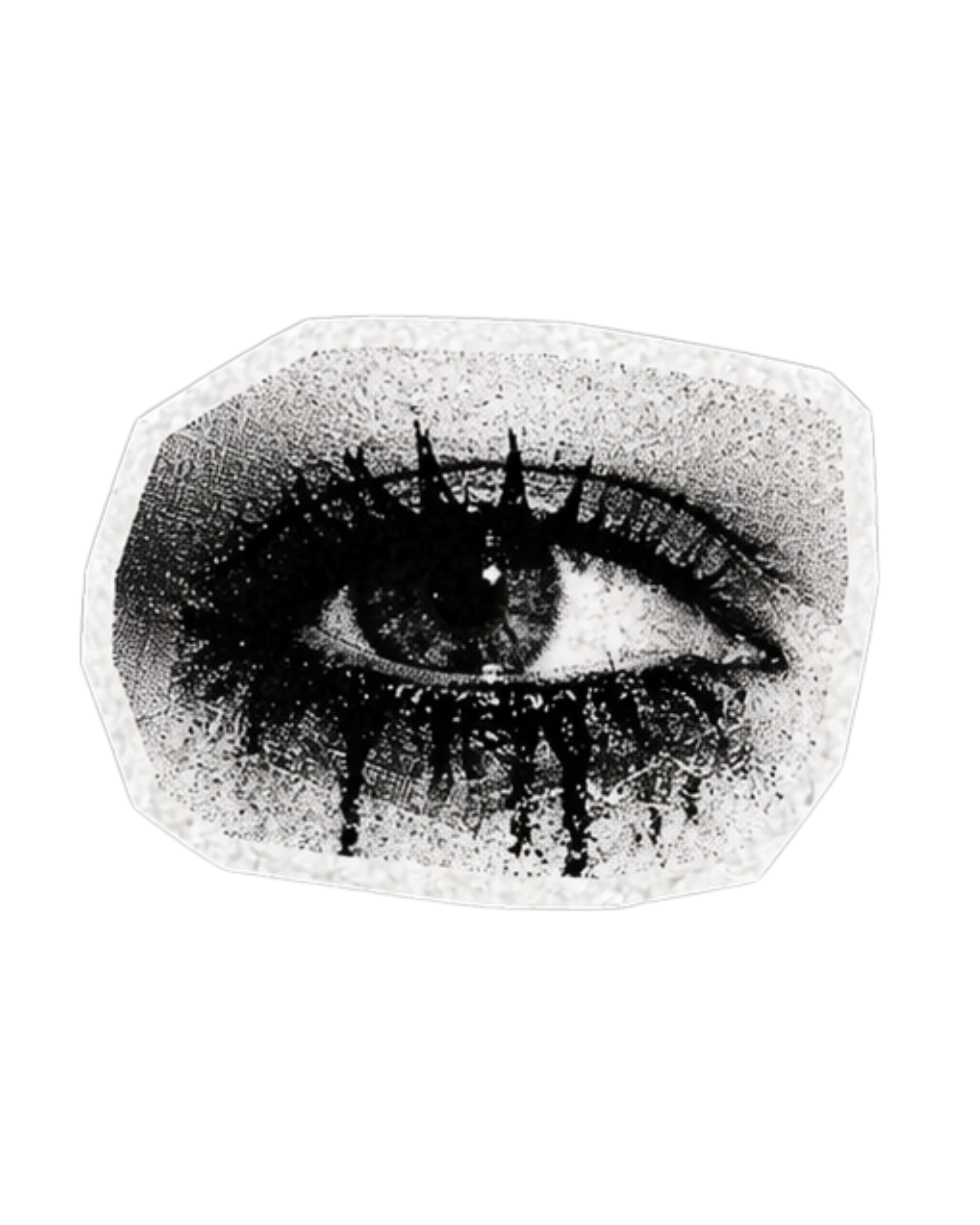 Close-up of a black and white paper print of a human eye, focused on the iris and surrounding area for EMDR therapy and identity healing