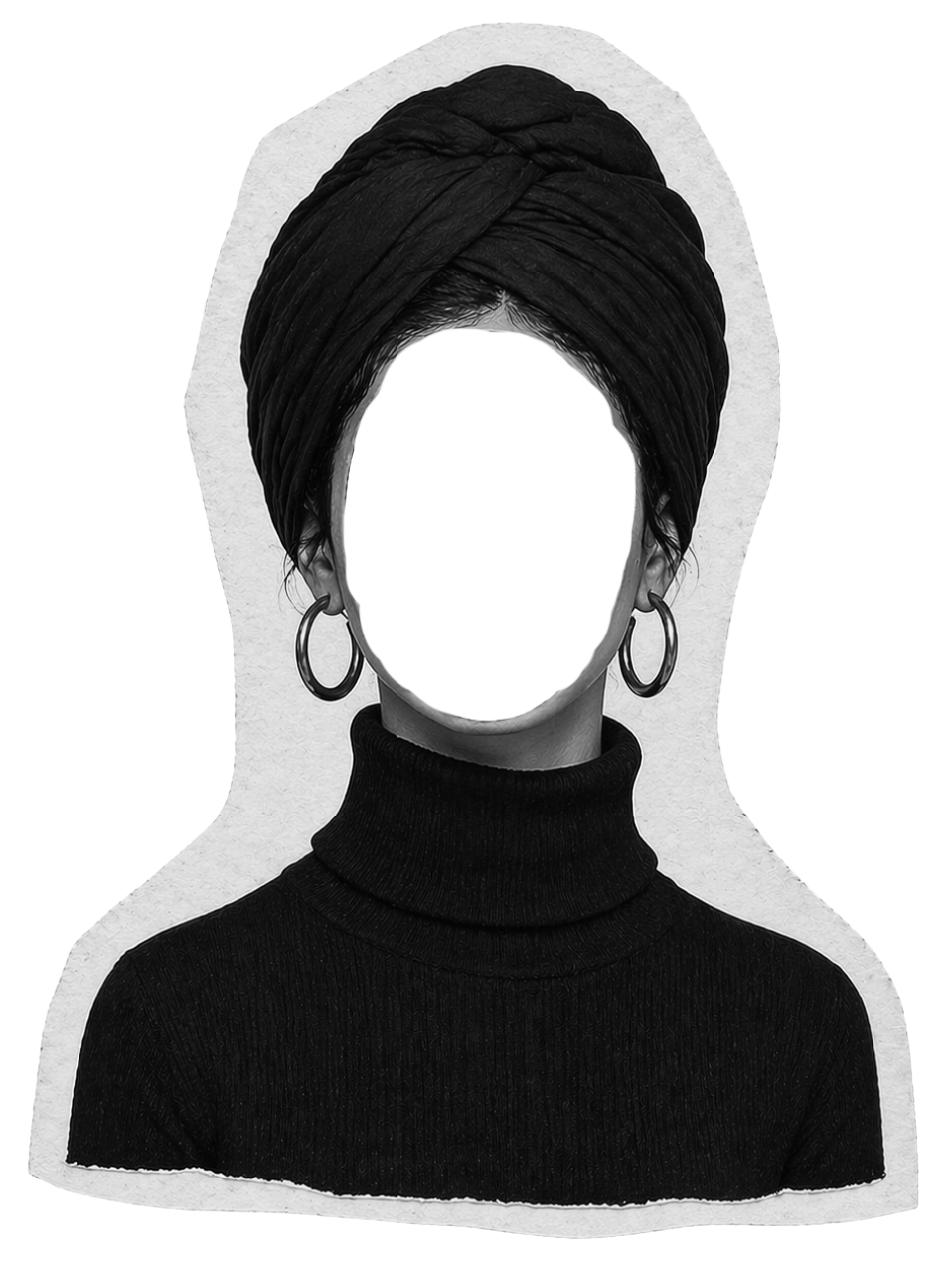 Black and white illustration of a woman with a head wrap, wearing earrings and a turtleneck sweater, with a blank face for trauma therapy and nervous system regulation