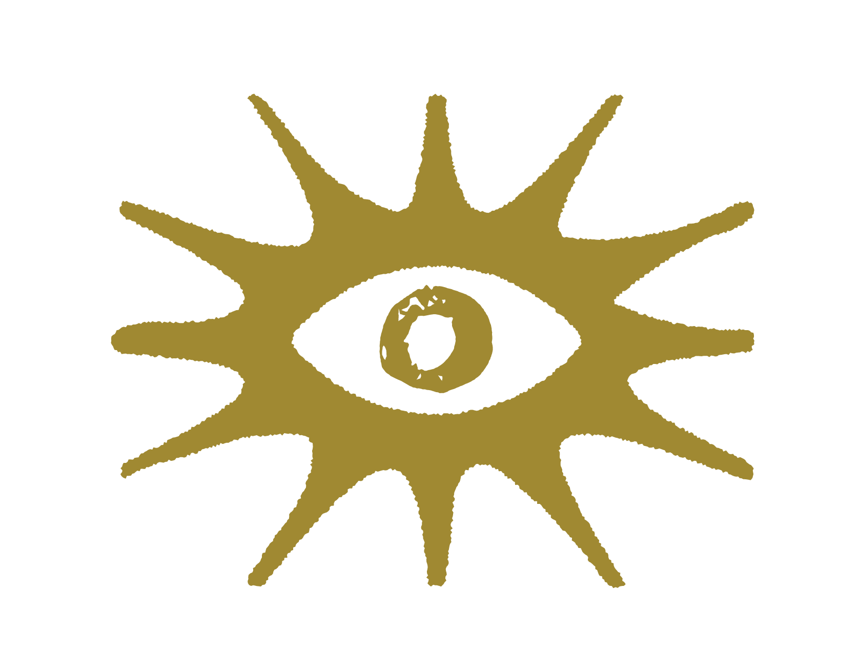A stylized yellow eye with a black center and multiple elongated rays extending outward, resembling a sun or star.