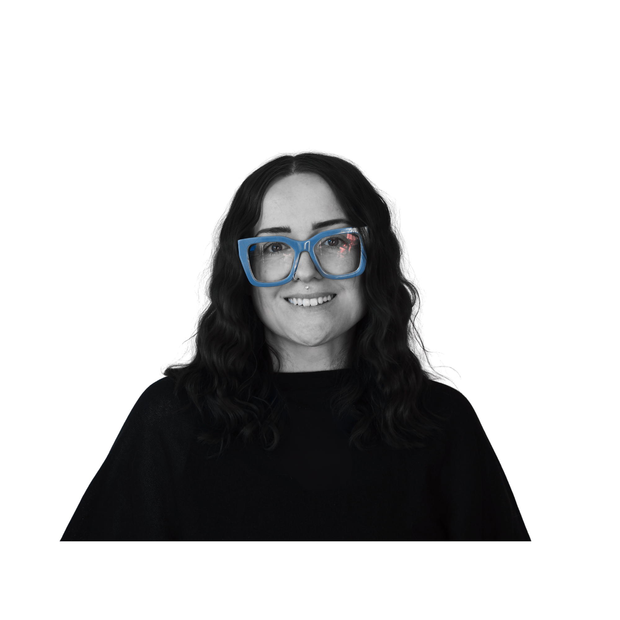 Close-up of a woman's face with long wavy dark hair, wearing large blue safety goggles, smiling, against a black background.