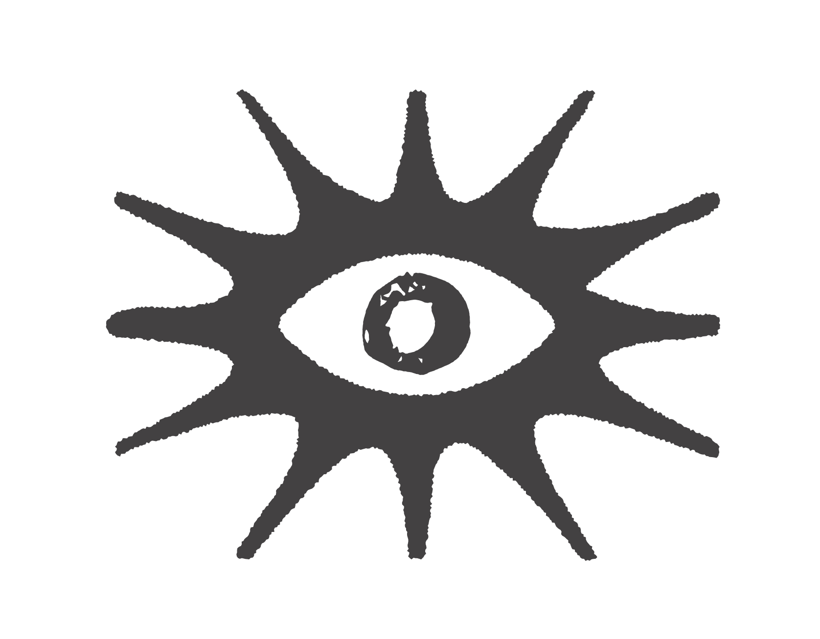 A black and grey illustration of an eye within a sunburst design, with long pointed rays extending outward.