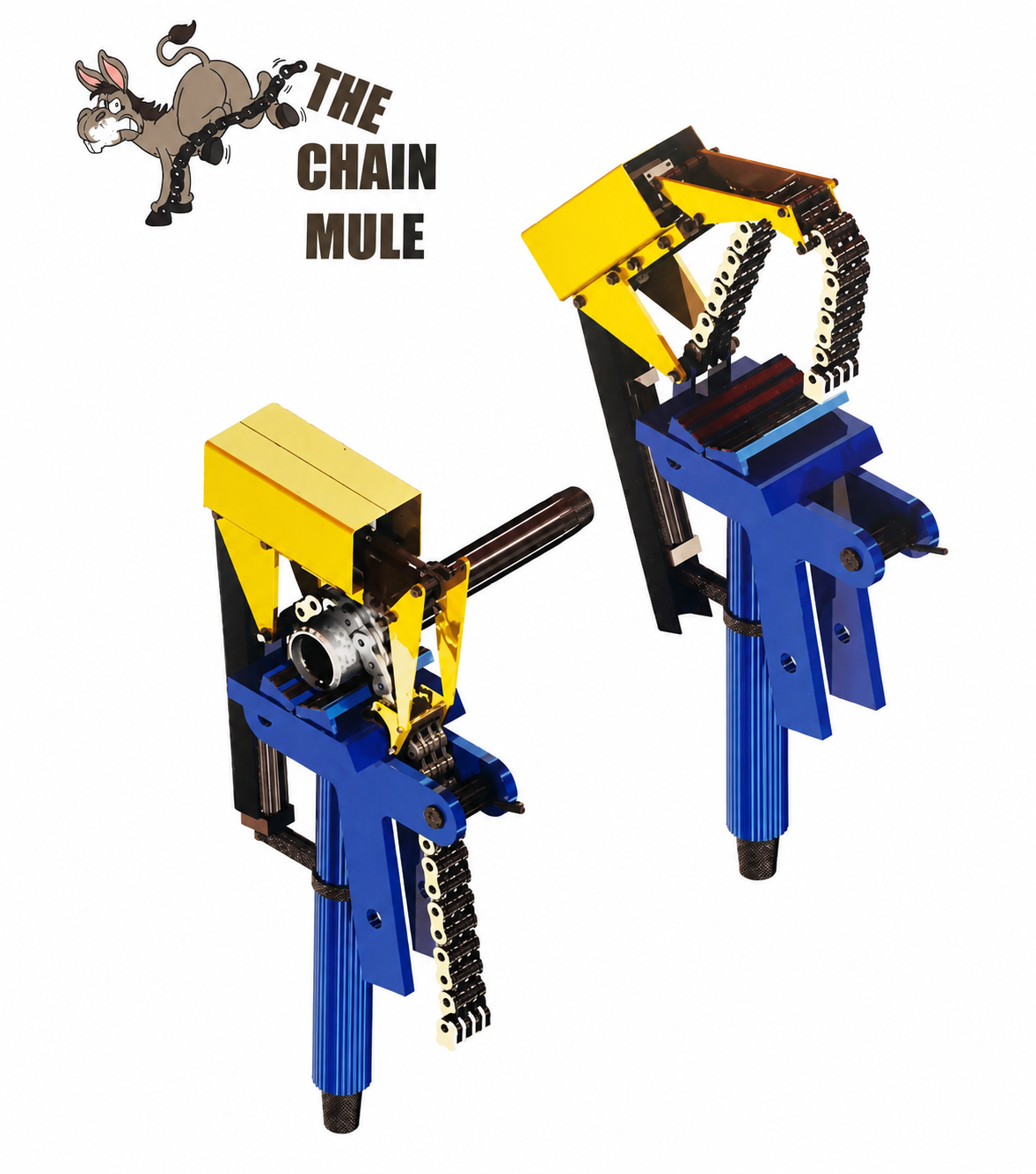 Two blue and yellow robotic models resembling mules with chains and gears, with a cartoon donkey pulling a chain and the text "The Chain Mule" in the top left corner.
