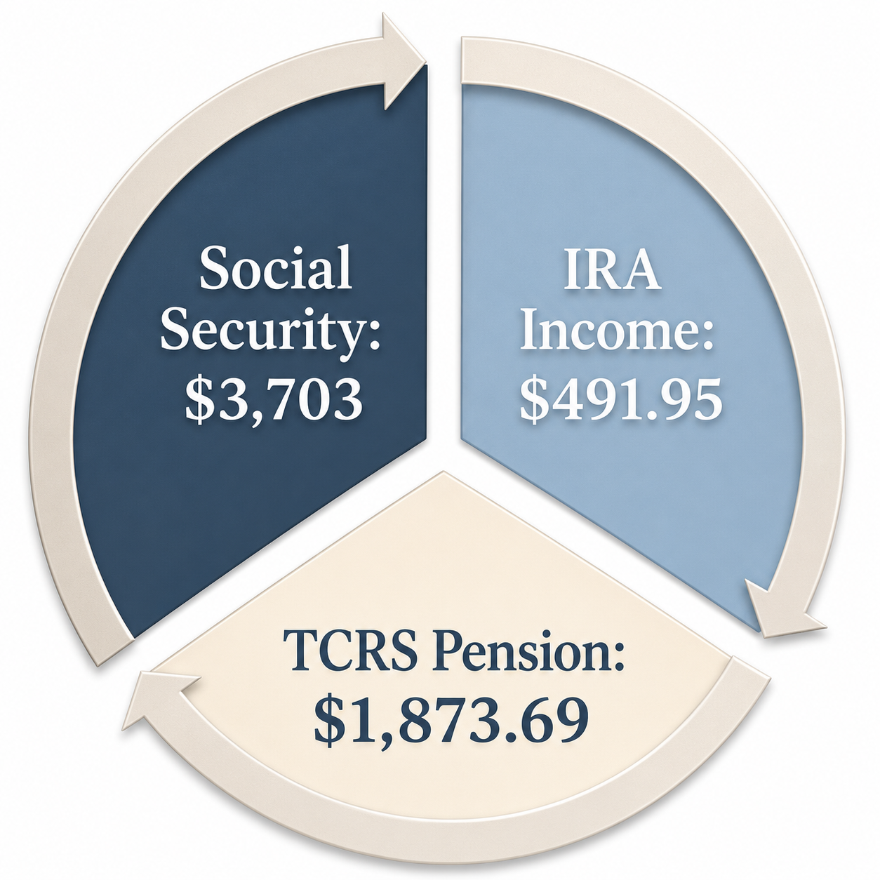 A pie chart illustrating social security benefits, IRA income, and TCRS pension payments with respective values of $3,703, $491.95, and $1,873.69.