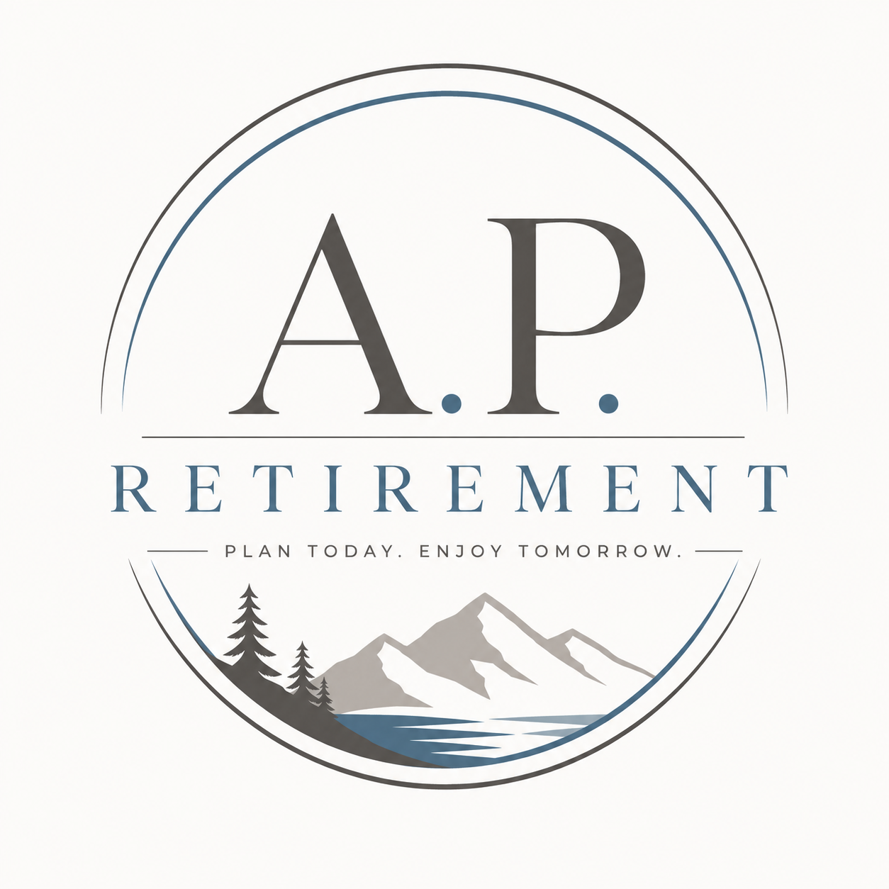 Logo for A.P. Retirement with mountain and lake scenery, trees, and a circle design, with the tagline "Plan today. Enjoy tomorrow."