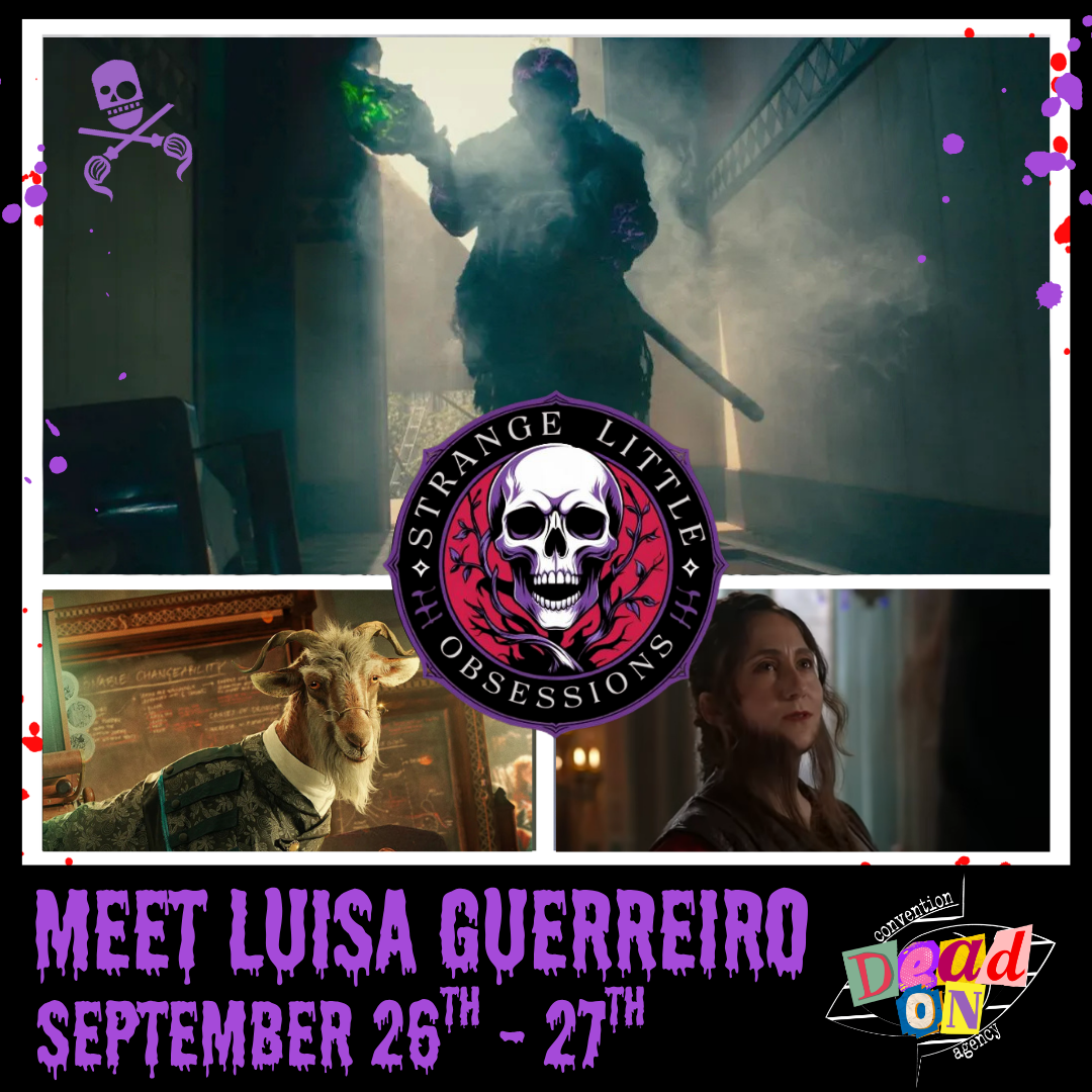 Luisa Guerreiro client promotional poster for her upcoming appearance at Strange Little Obsessions. Meet Luisa this September in Nottingham, England. Luisa Guerreiro has appeared in The Toxic Avenger, Wicked, The Witcher and Baldur's Gate III.