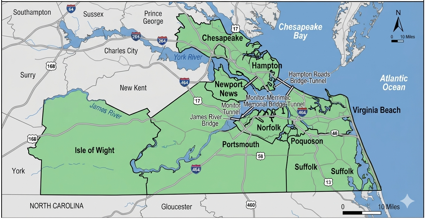 Map of Peninsula Care Shuttle's service area in Hampton Roads, Virginia, including Hampton, Newport News, Norfolk, Portsmouth, Chesapeake, Suffolk, Virginia Beach, Smithfield, and Carrollton.