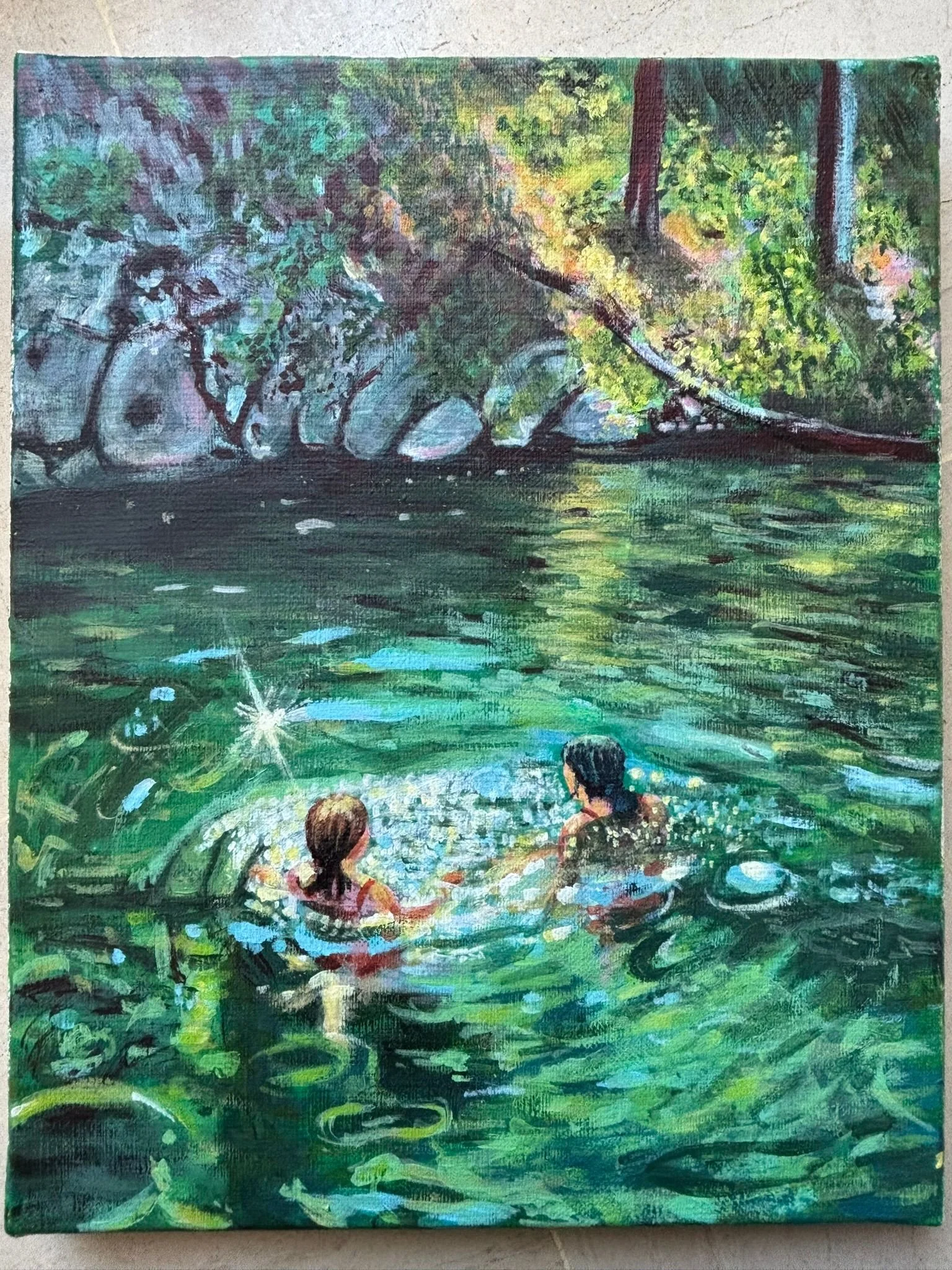 Peinture de deux personnes dans une Rivière
