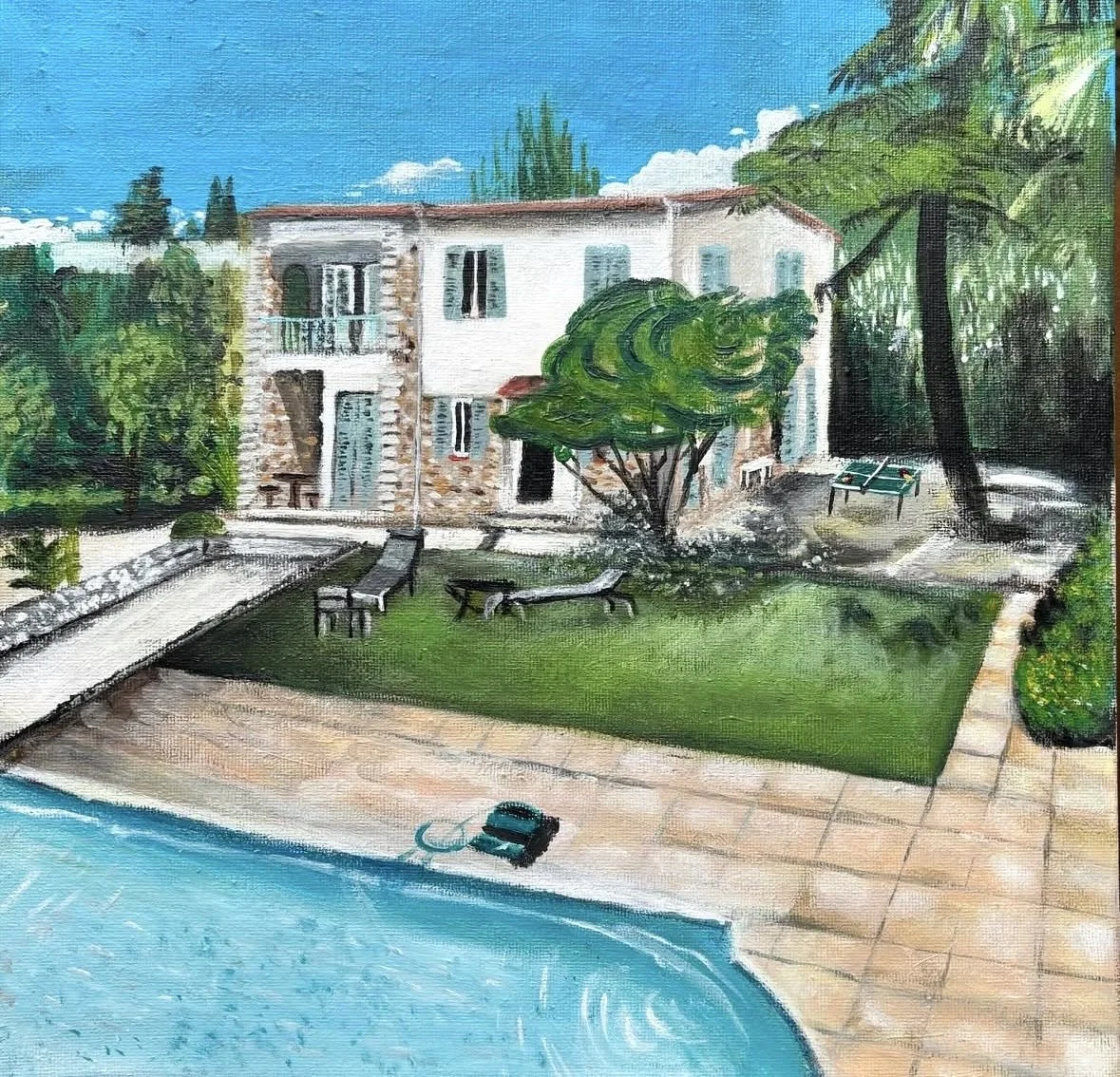 A painting of a backyard with a swimming pool, green grass, trees, benches, and a white house with stone accents, under a blue sky with some clouds.