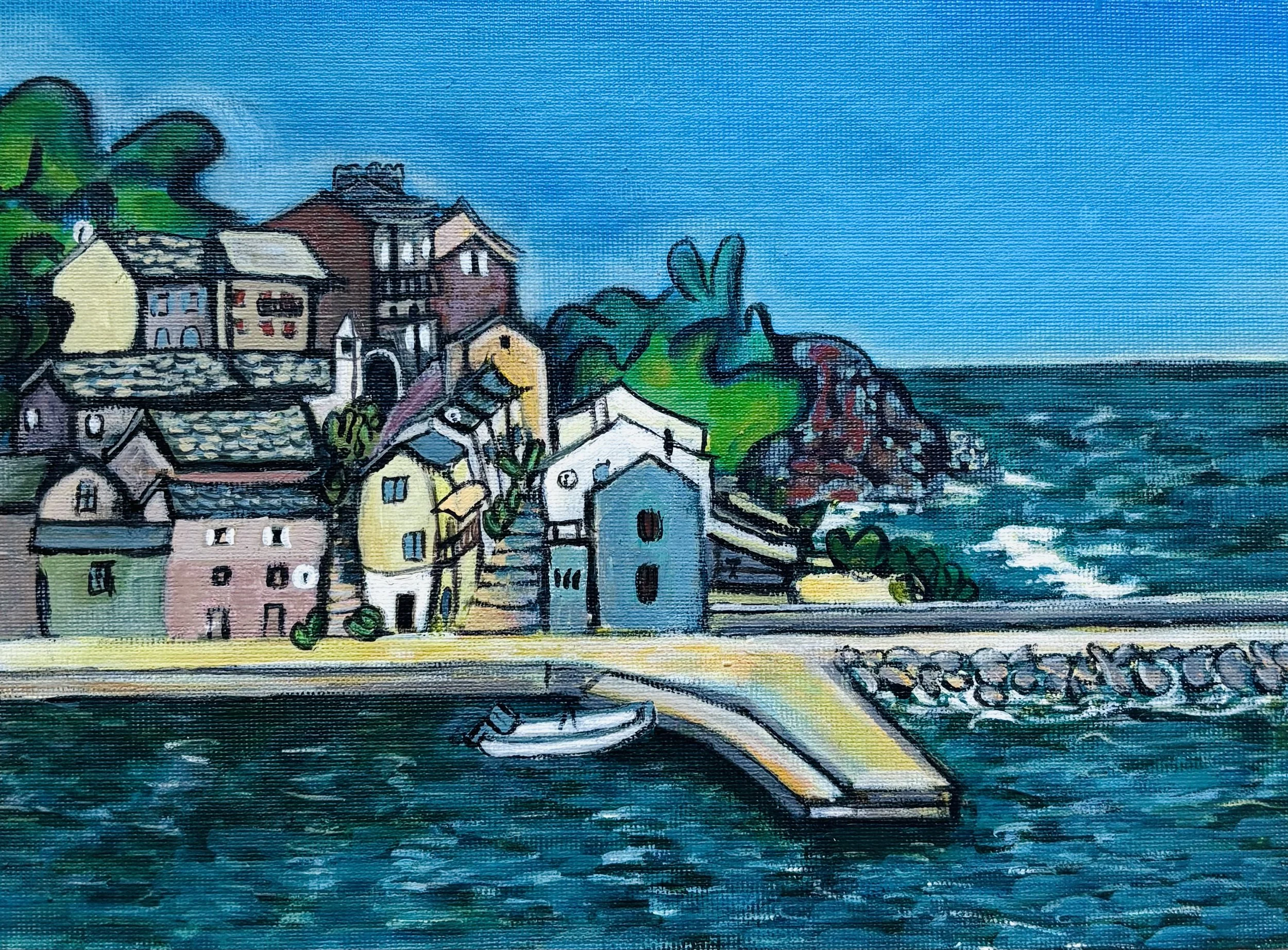 Colorful painting of seaside village with houses and boats along the water, under blue sky.