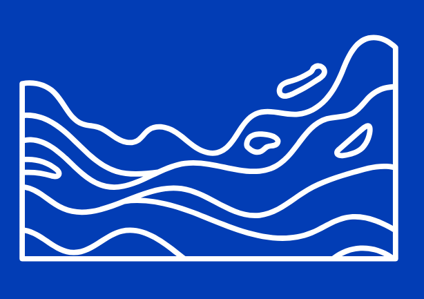 Line drawing of a mountain landscape with a body of water, on a blue background.