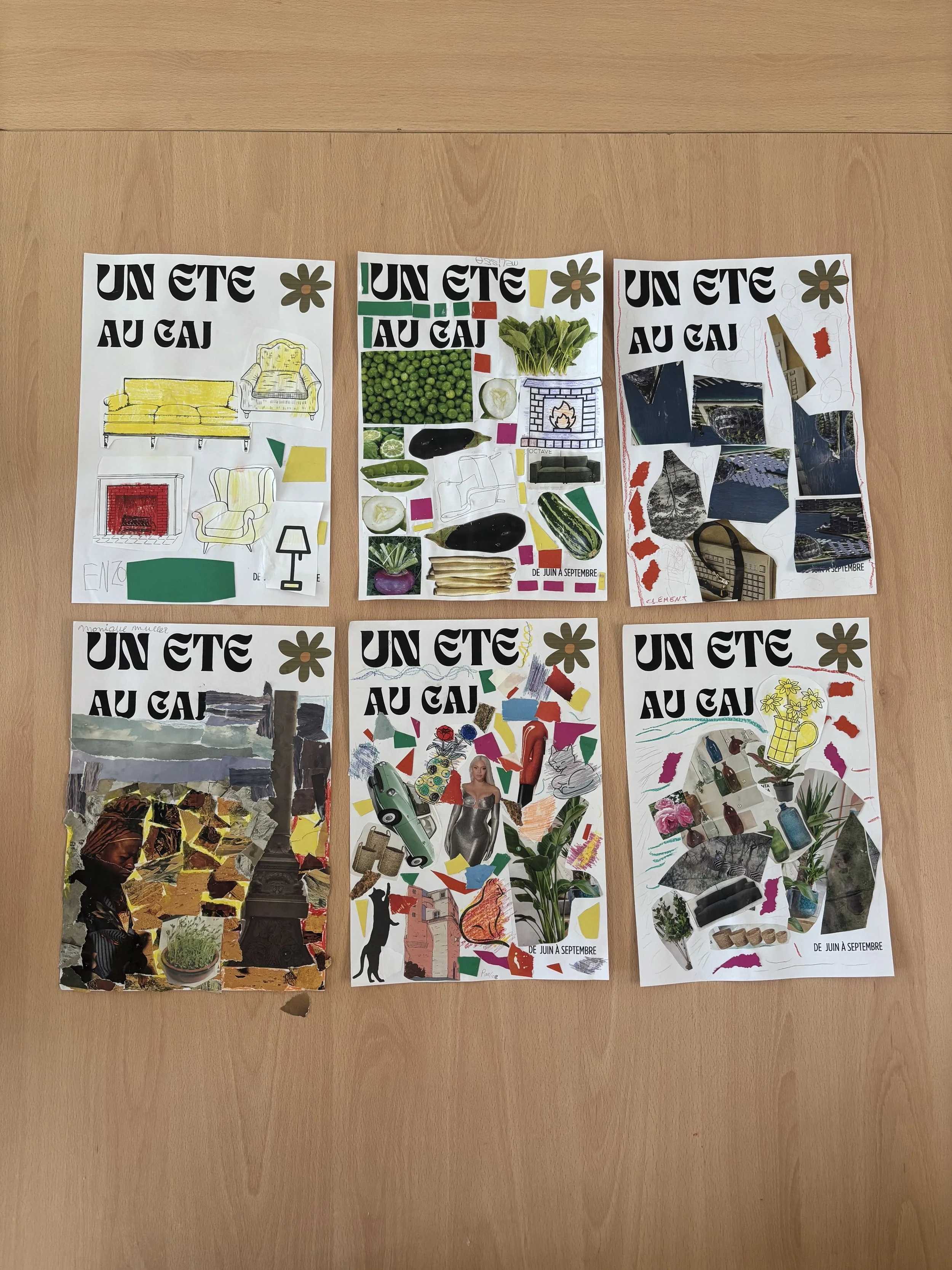Three colorful collages on paper, featuring various images of furniture, plants, food, nature, and miscellaneous objects, with the phrase "UN ÉTÉ AU CAF" at the top of each.