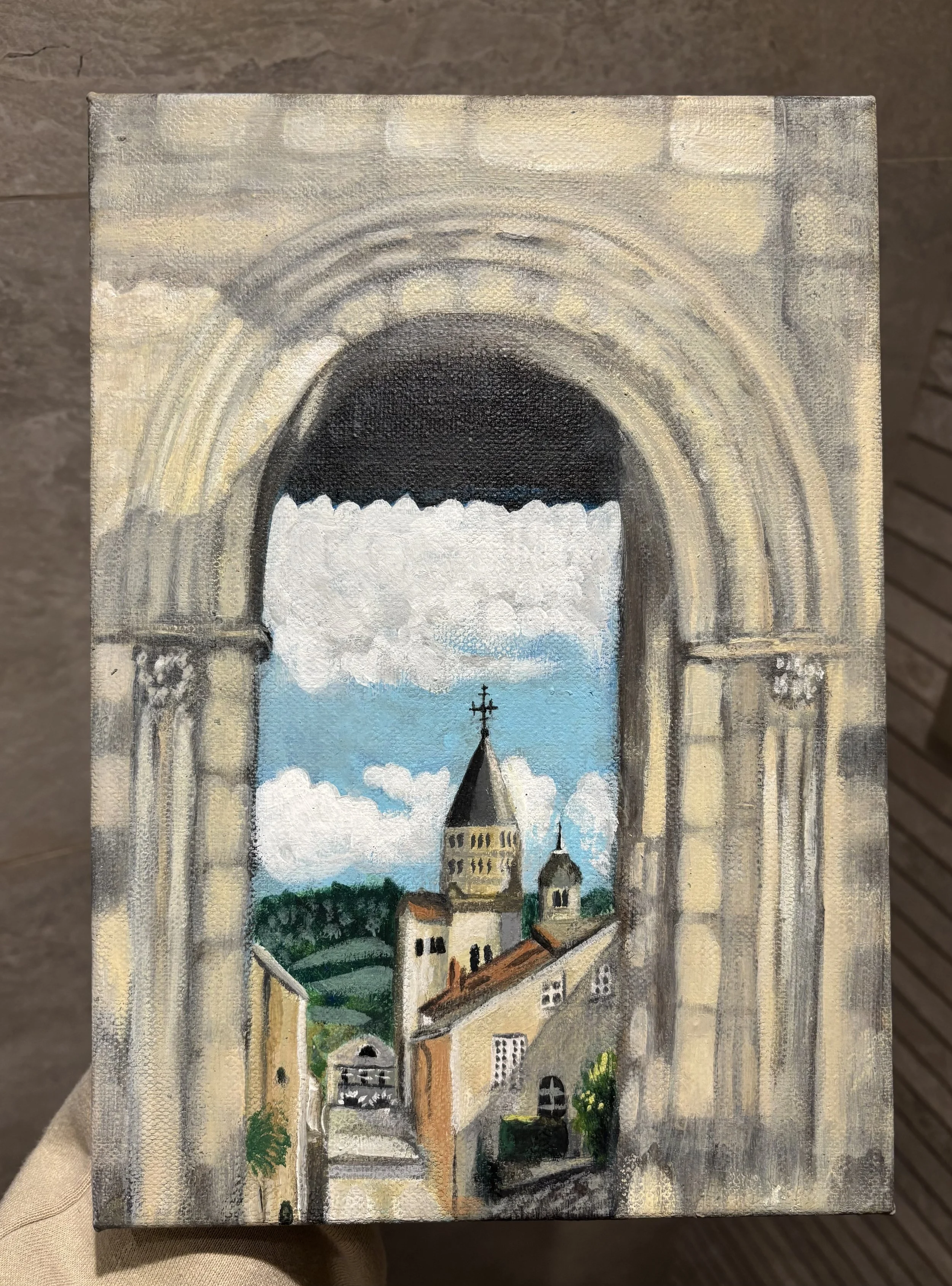 A painting of a church or historical building with a tower, surrounded by greenery, under a cloudy sky painted in a realistic style.