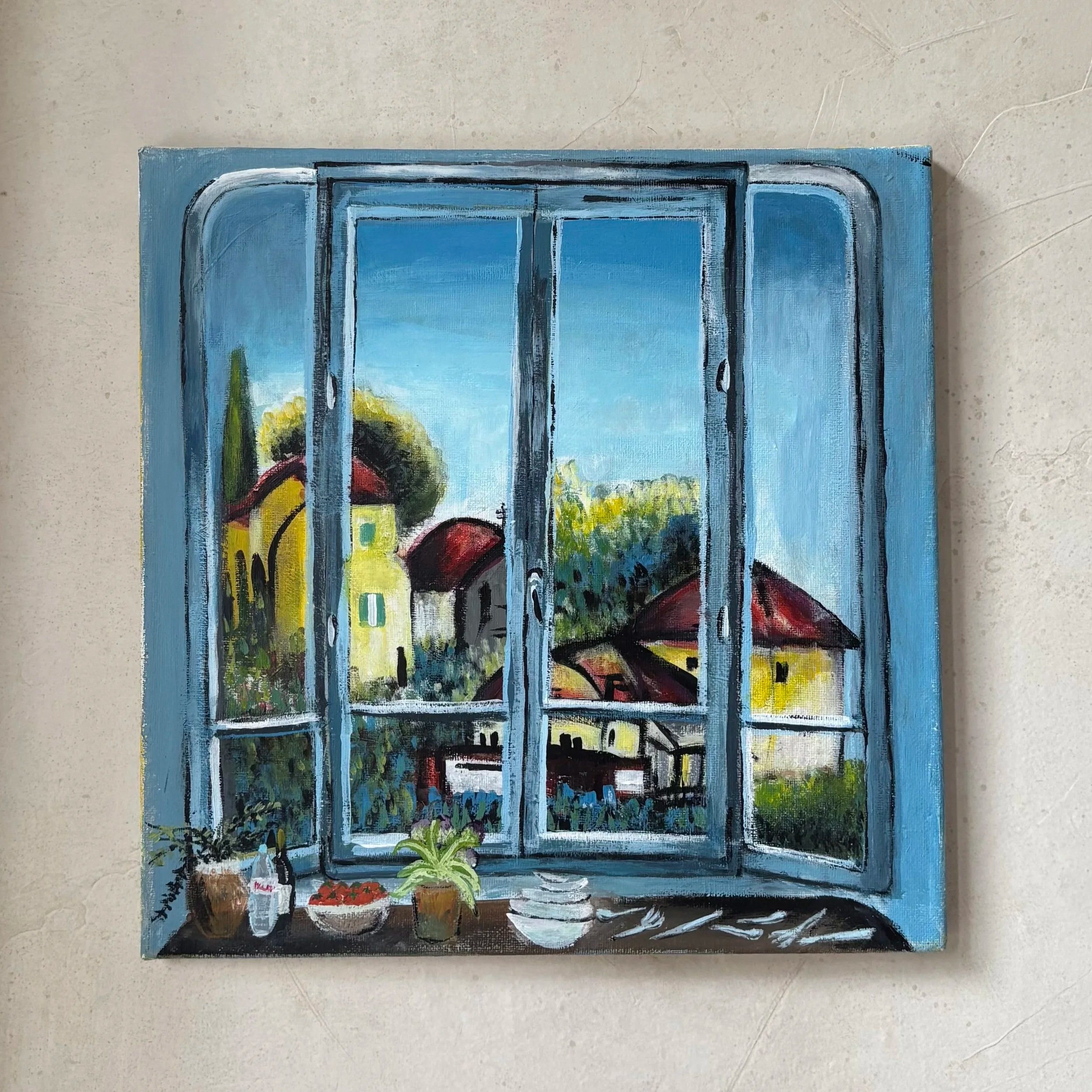 A painting of a window overlooking a clear blue sky with some trees and grass in the background, with potted plants and a small jar on a windowsill