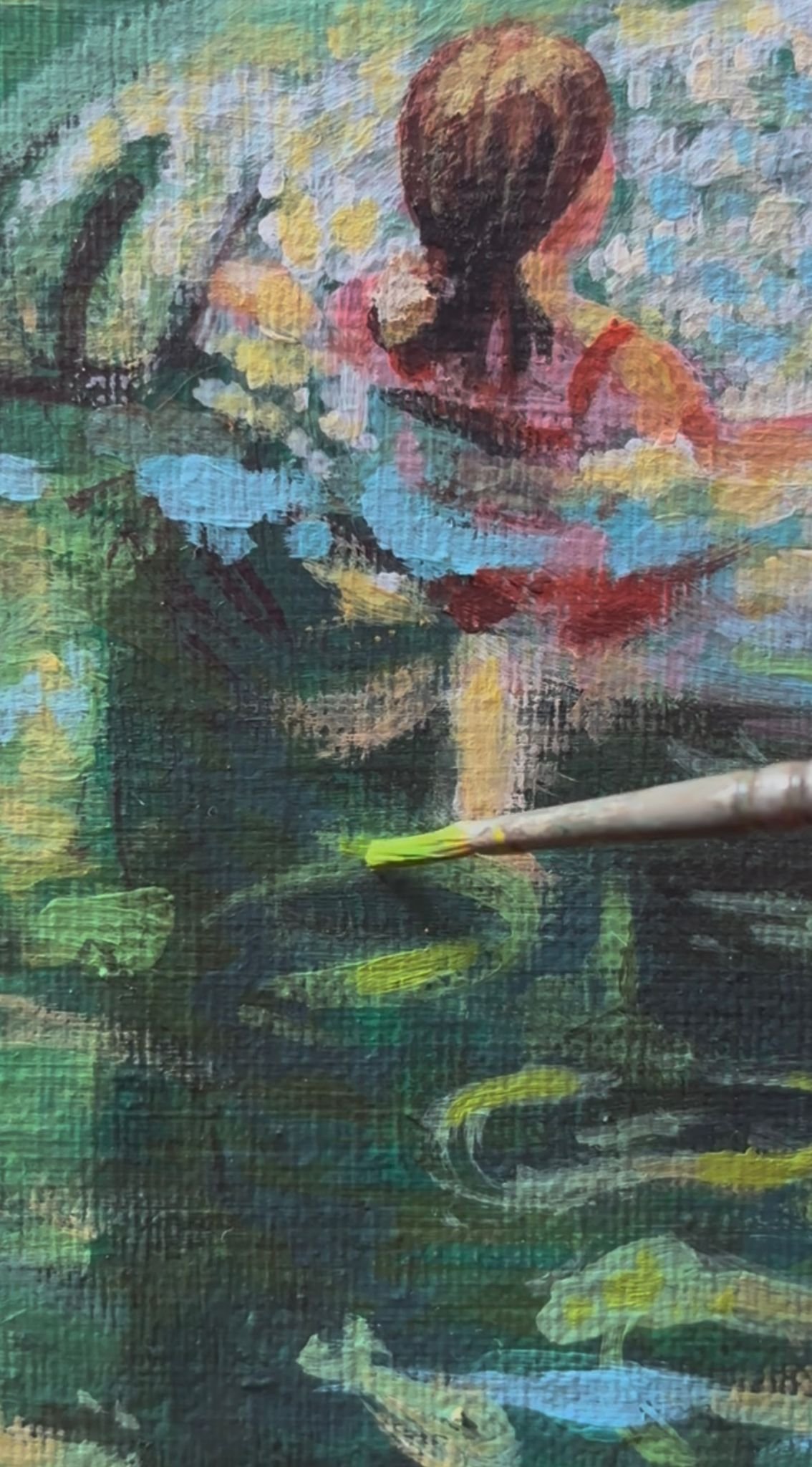 Abstract impressionist painting of a person with a dark face and short hair, surrounded by colorful brushstrokes in green, yellow, blue, and red.