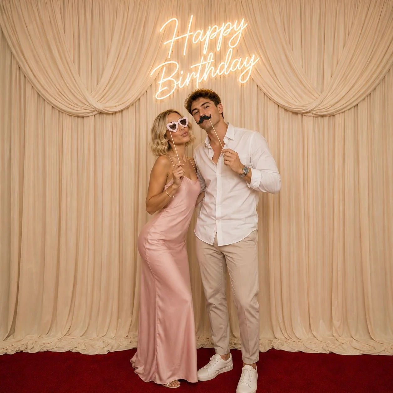 A man and woman at a birthday party, standing in front of cream-colored curtains with a neon sign that says 'Happy Birthday.' They are wearing fun props: the woman has heart-shaped sunglasses, and the man has a fake mustache. The woman is dressed in a pink satin gown, and the man is dressed in a white shirt and light-colored pants.