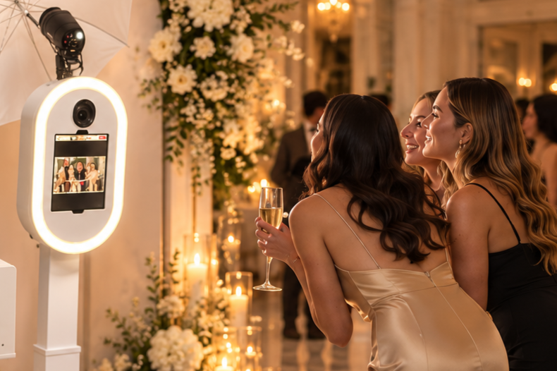 Three women taking a photo at a wedding reception with a photo booth, lit candles, and floral decorations in the background.