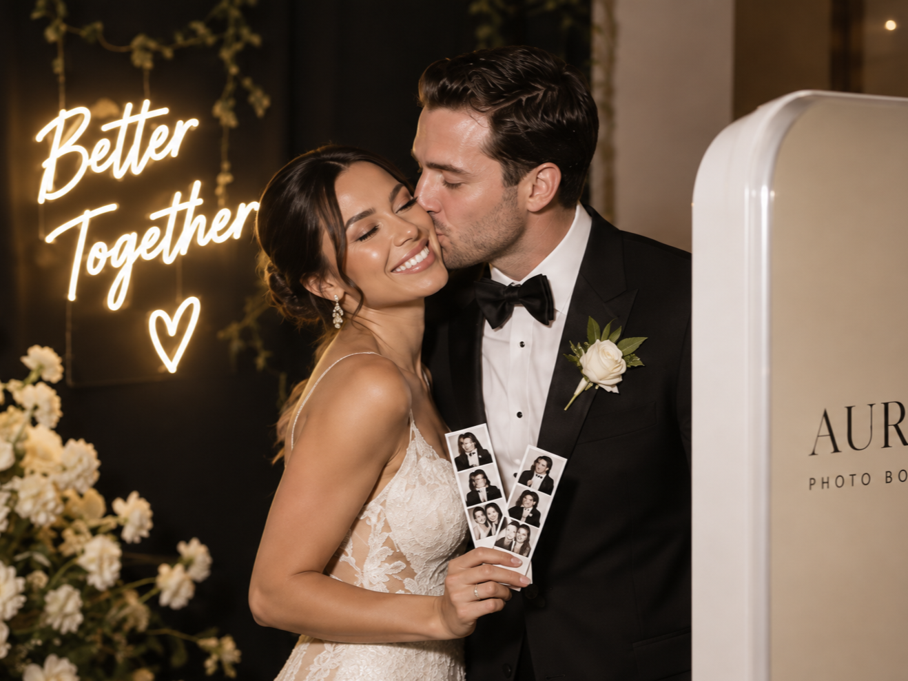 A newlywed couple in wedding attire sharing a kiss and holding photo booth strips at their wedding reception with a neon sign that says 'Better Together' in the background.