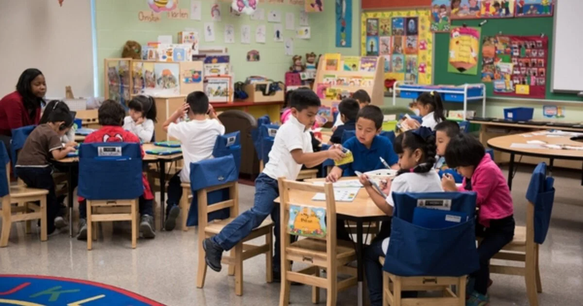 Elementary school classroom with young students sitting at tables engaged in activities, teacher standing nearby, colorful educational posters and books on the walls.