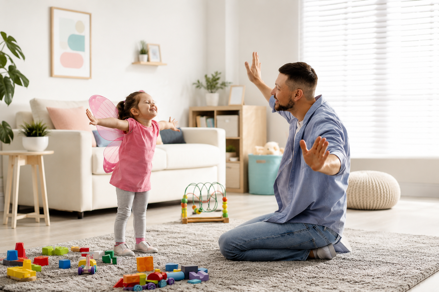 A father and daughter playing in a living room. The daughter is wearing fairy wings and smiling with arms outstretched. The father kneels with arms out, laughing. Toys are scattered on the carpet.